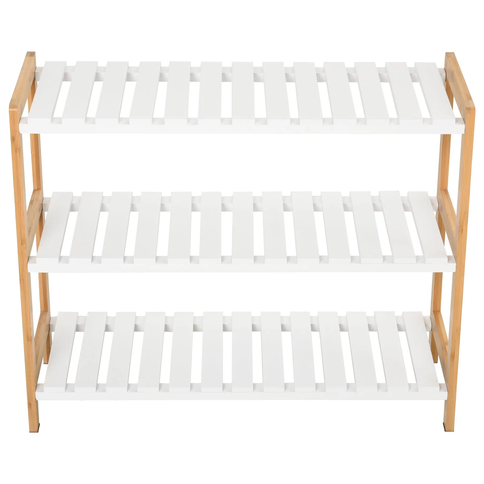 Homcom 3-Tier Shoe Rack Wood Frame Slatted Shelves Spacious Open Hygienic Storage Home Hallway Furniture Family Guests 70L x 26W x 57.5H cm - Natural - Image 8
