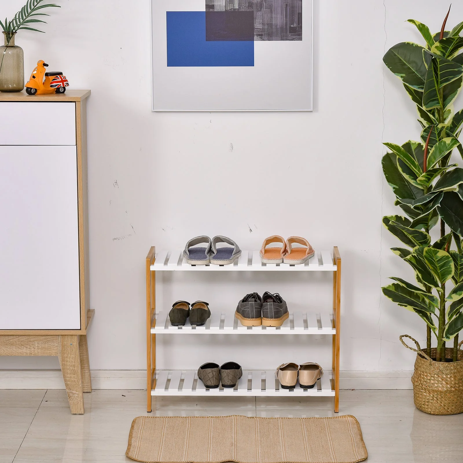 Homcom 3-Tier Shoe Rack Wood Frame Slatted Shelves Spacious Open Hygienic Storage Home Hallway Furniture Family Guests 70L x 26W x 57.5H cm - Natural - Image 9