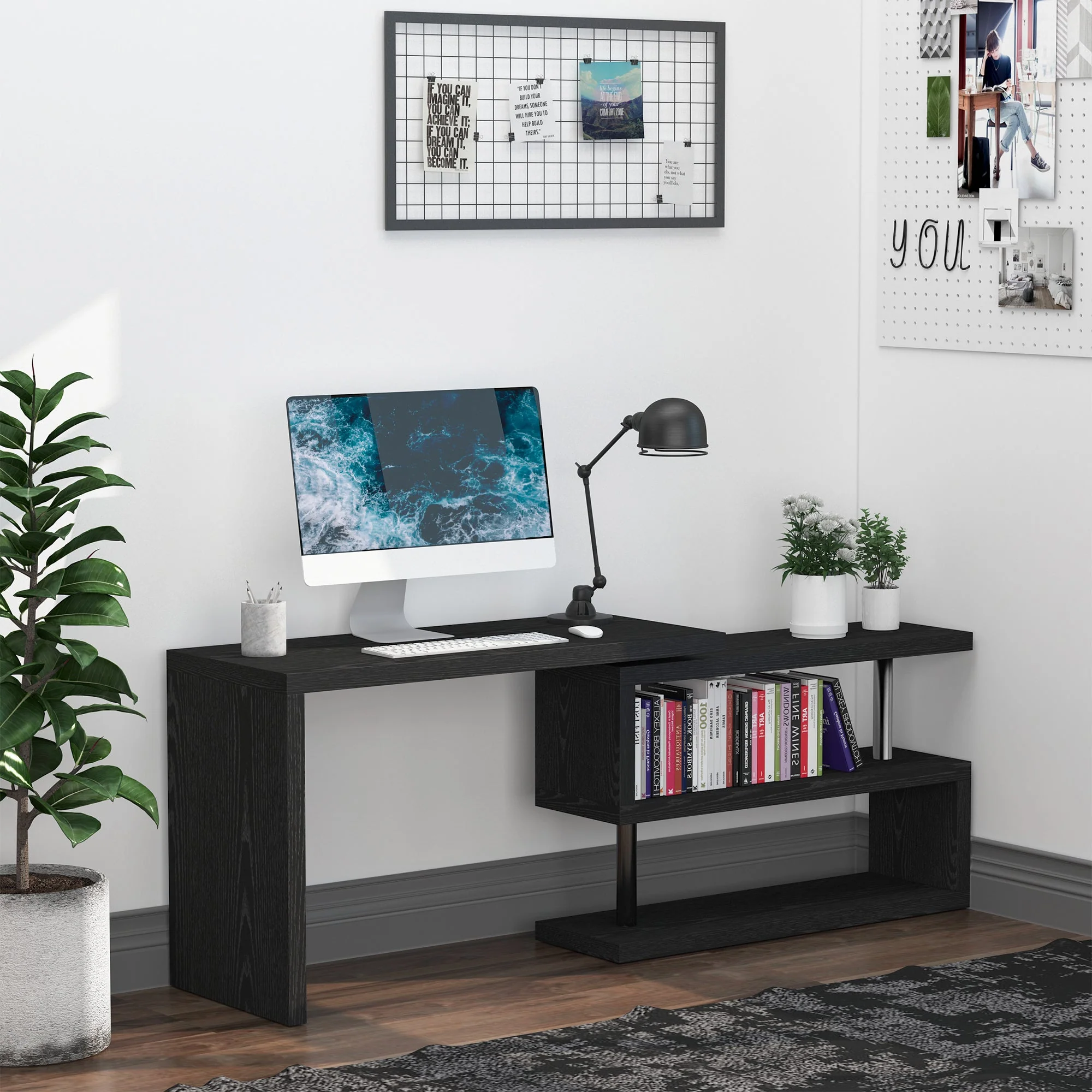 Homcom 360 Rotating L-Shaped Corner Computer Desk Home Office Writing Table Swivel Workstation With Storage Shelf - Image 2
