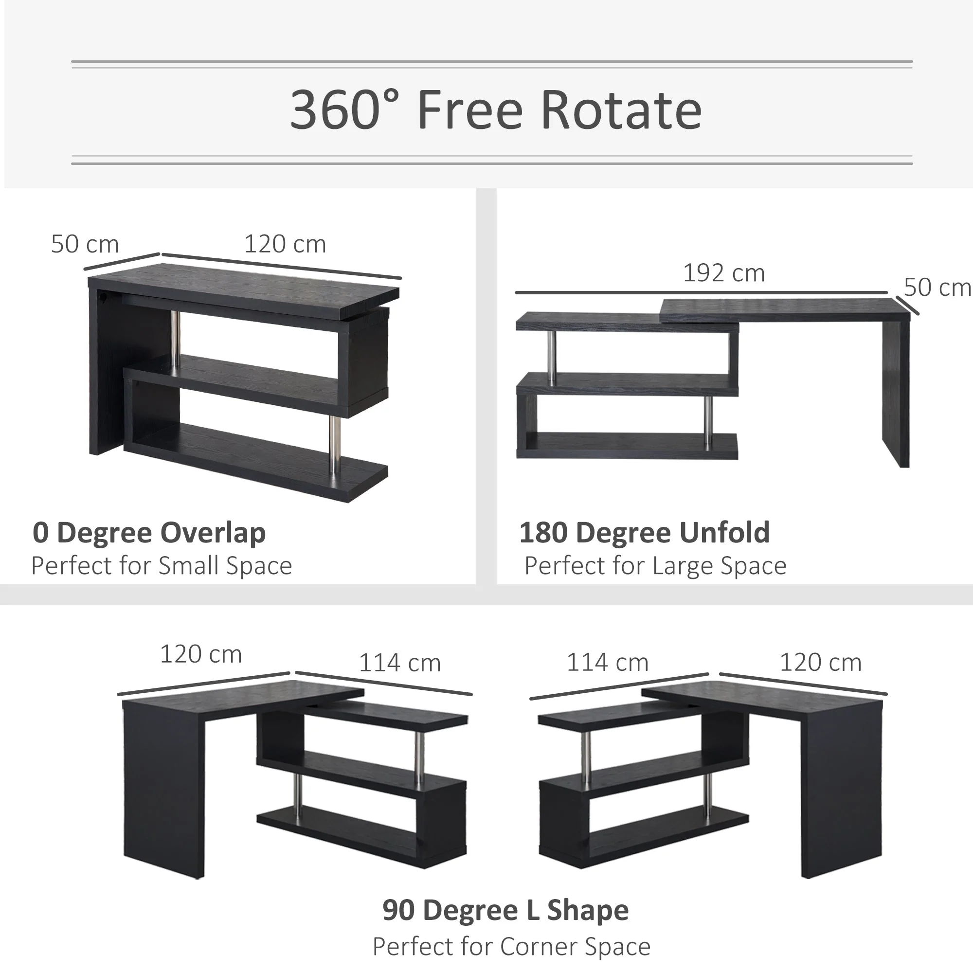 Homcom 360 Rotating L-Shaped Corner Computer Desk Home Office Writing Table Swivel Workstation With Storage Shelf - Image 4