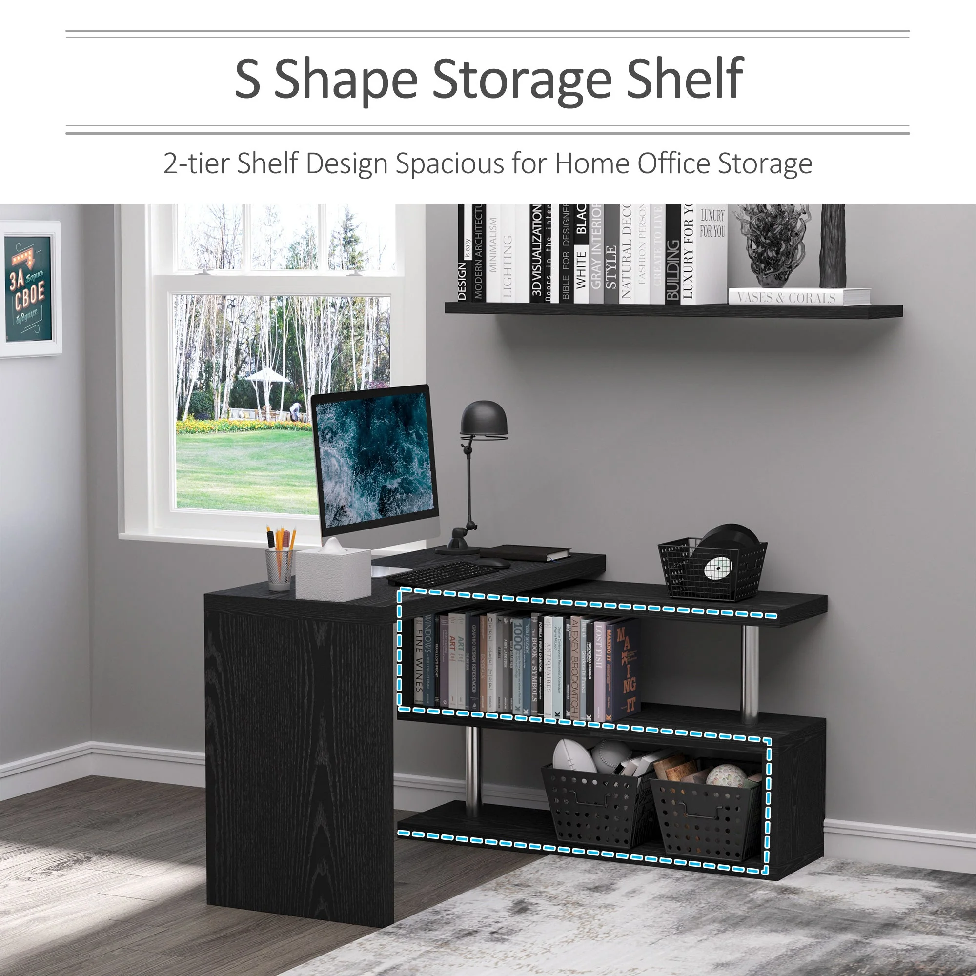 Homcom 360 Rotating L-Shaped Corner Computer Desk Home Office Writing Table Swivel Workstation With Storage Shelf - Image 5