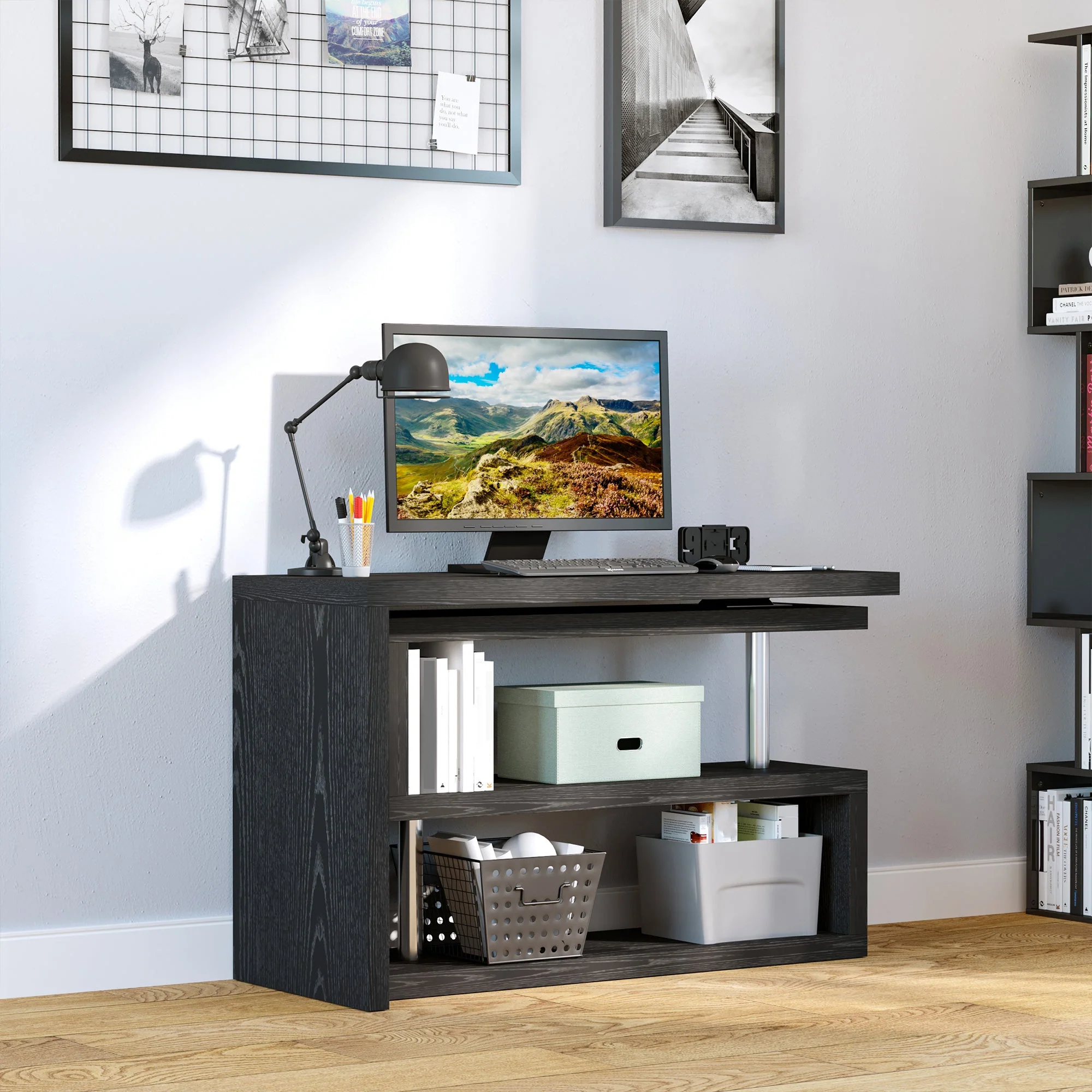 Homcom 360 Rotating L-Shaped Corner Computer Desk Home Office Writing Table Swivel Workstation With Storage Shelf - Image 7