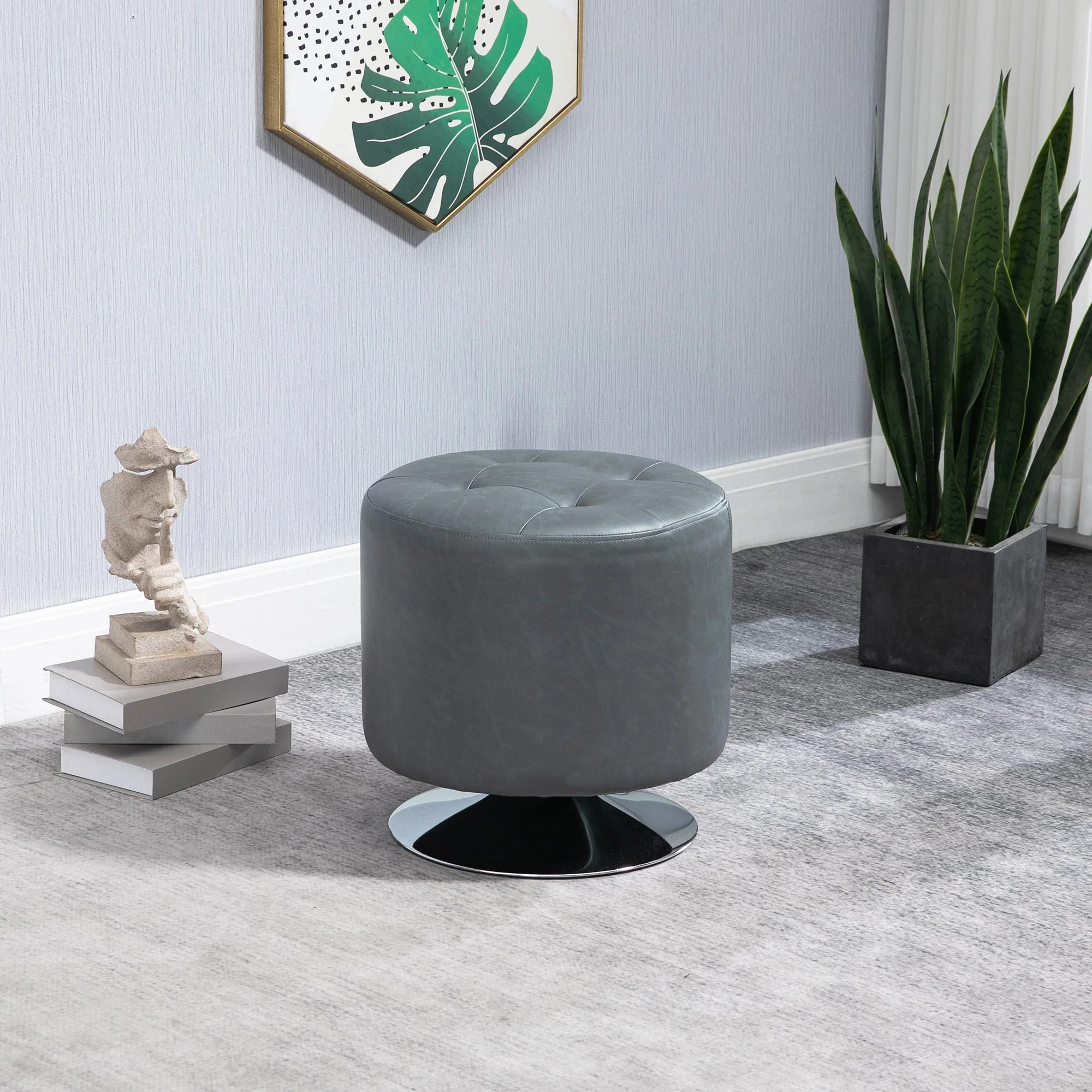 Homcom 360 Swivel Foot Stool Round PU Ottoman with Thick Sponge Padding and Solid Steel Base - Image 2