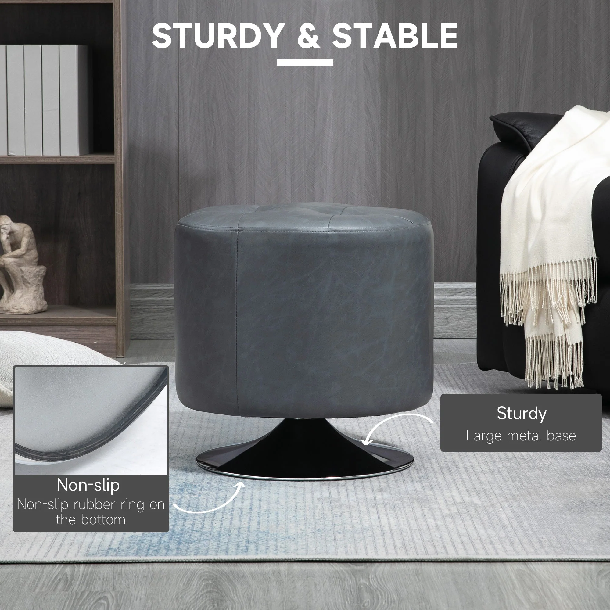 Homcom 360 Swivel Foot Stool Round PU Ottoman with Thick Sponge Padding and Solid Steel Base - Image 6