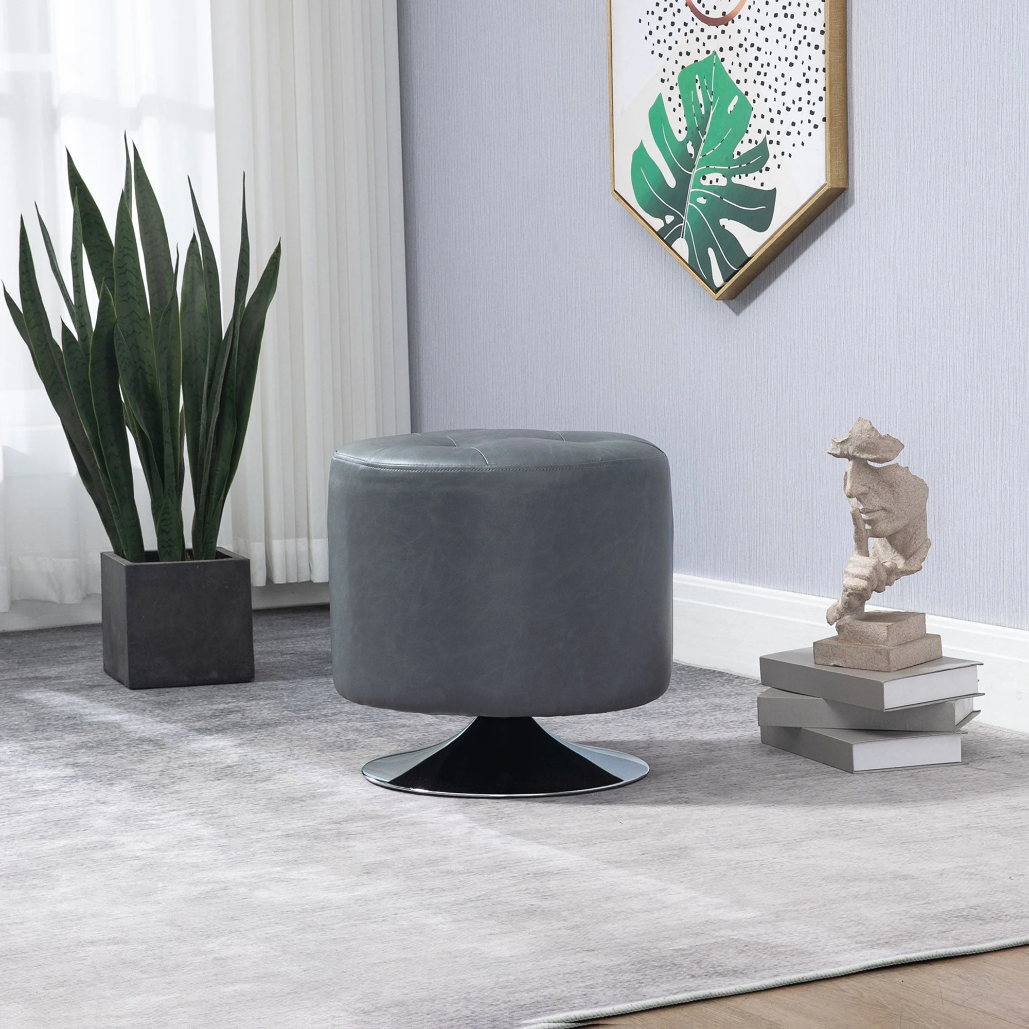 Homcom 360 Swivel Foot Stool Round PU Ottoman with Thick Sponge Padding and Solid Steel Base - Image 8