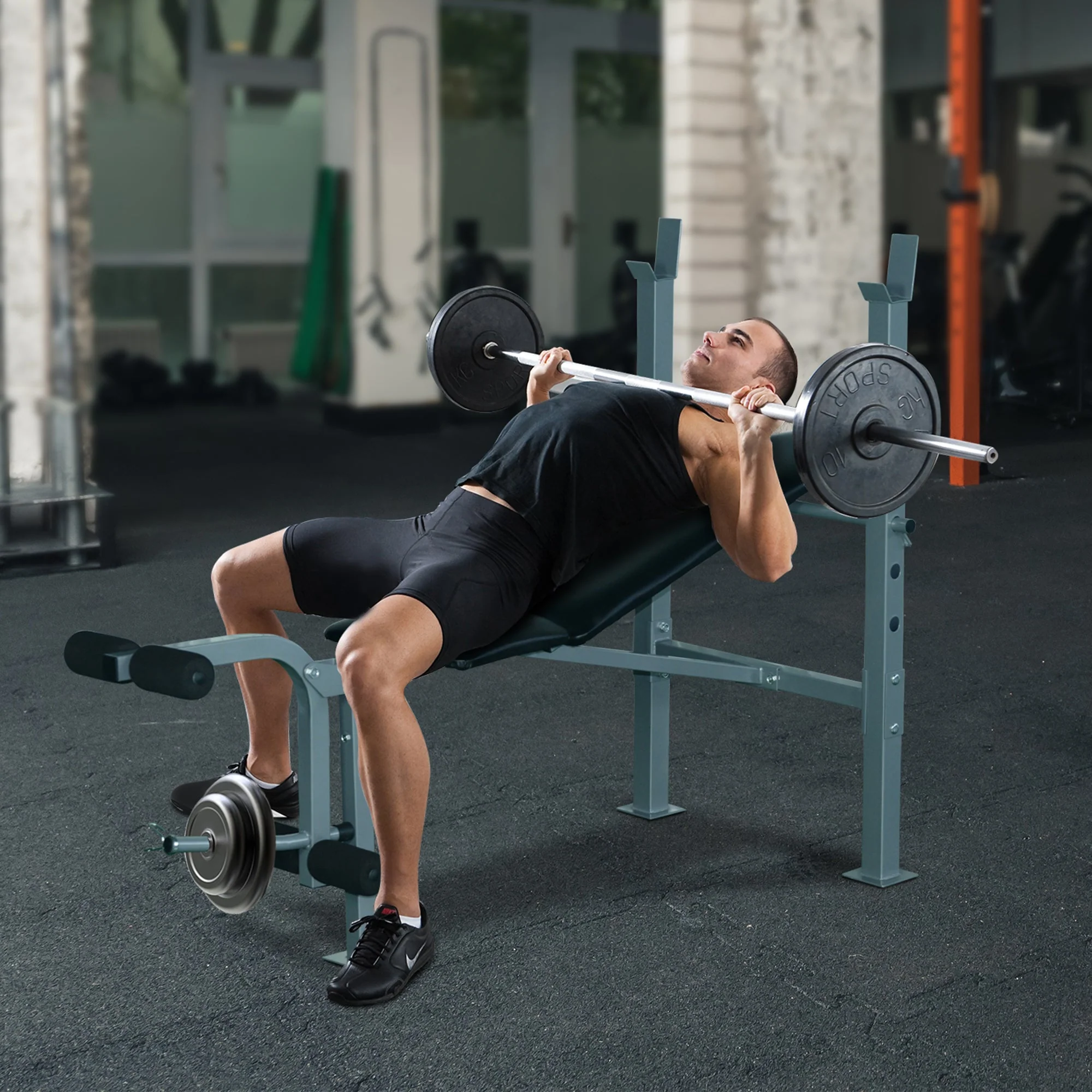 Homcom 4-Levels Adjustable Weight Bench Fitness Equipment with Barbell Rack-Black - Image 2