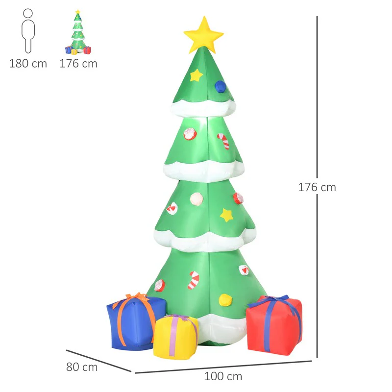 Homcom 6ft Tall Inflatable Christmas Tree with Star and Multicolour Gift Boxes Huge Lighted Outdoor Decoration with 3 Built-in LED Lights Xmas Inflatables Toy in Yard Lawn Garden - Image 3