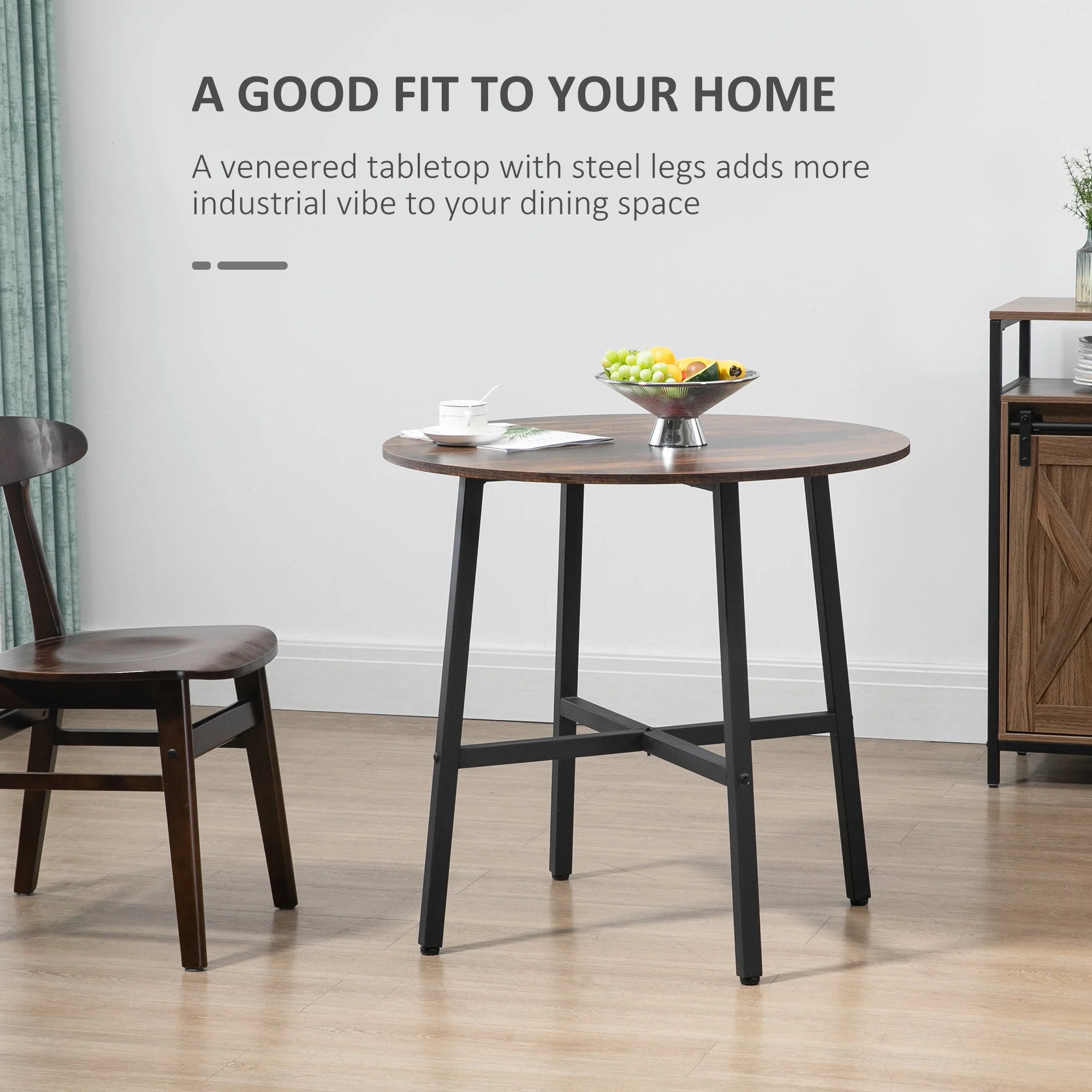 Homcom 85cm Dining Room Table Industrial Style Kitchen Table Round With Steel Legs Rustic Brown - Image 3