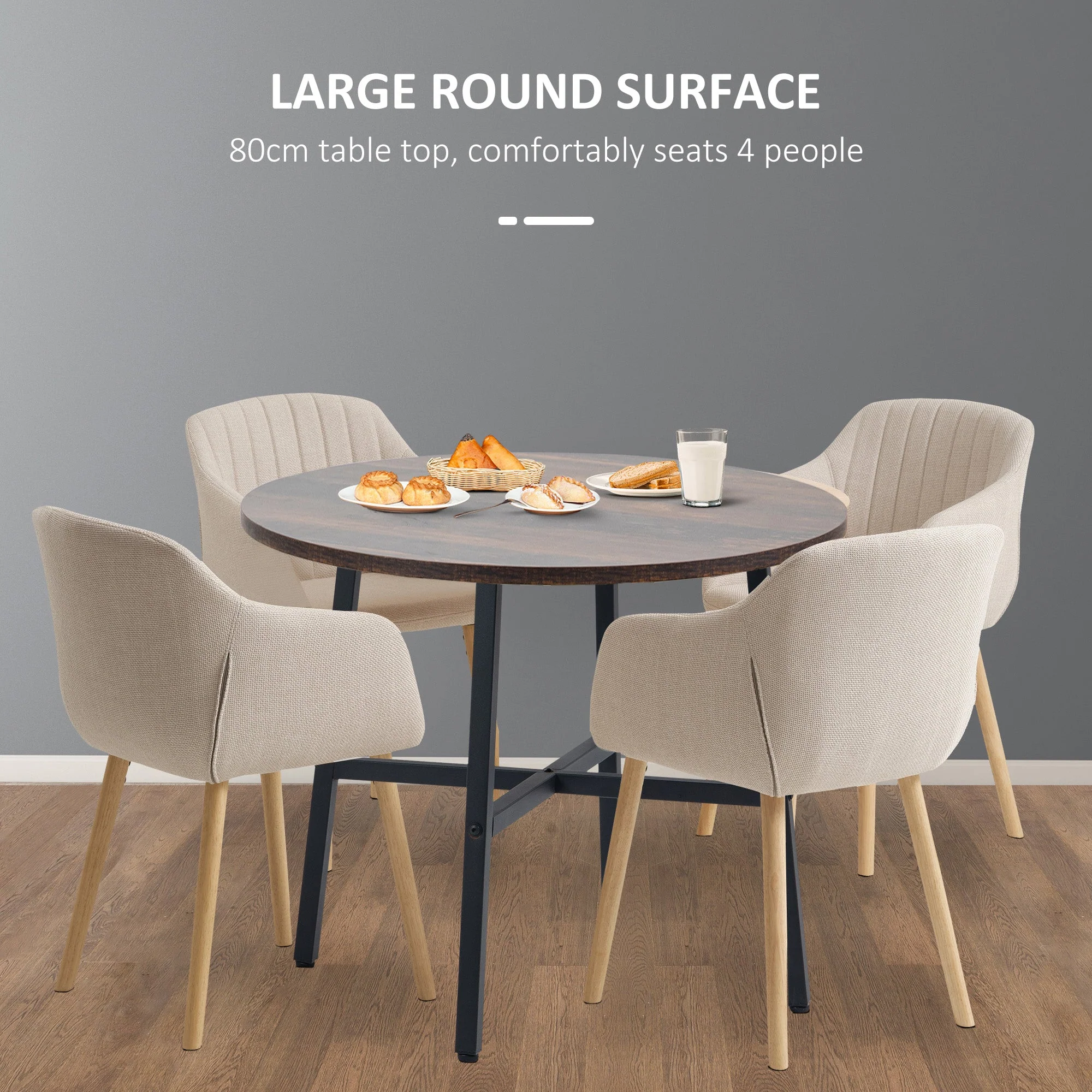 Homcom 85cm Dining Room Table Industrial Style Kitchen Table Round With Steel Legs Rustic Brown - Image 4