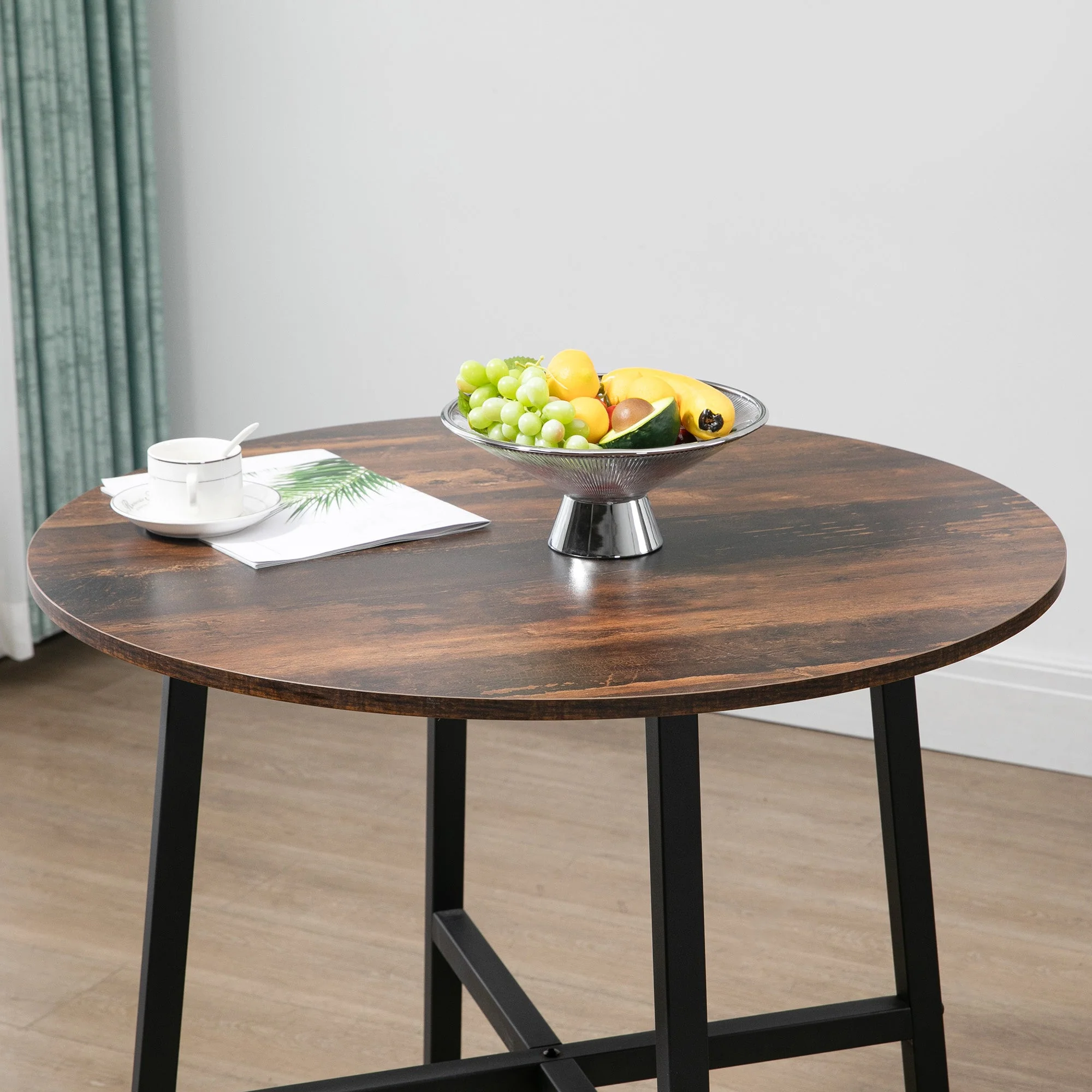 Homcom 85cm Dining Room Table Industrial Style Kitchen Table Round With Steel Legs Rustic Brown - Image 7