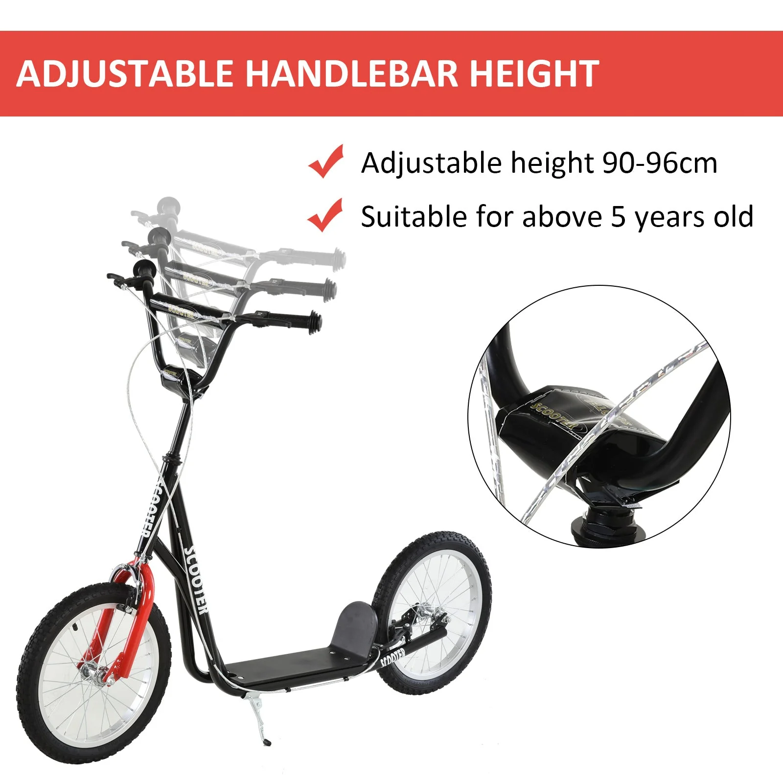 Homcom 90-96cm Kids Kick Scooter With Adjustable Handlebar Inflatable Wheels Brakes Black - Image 4