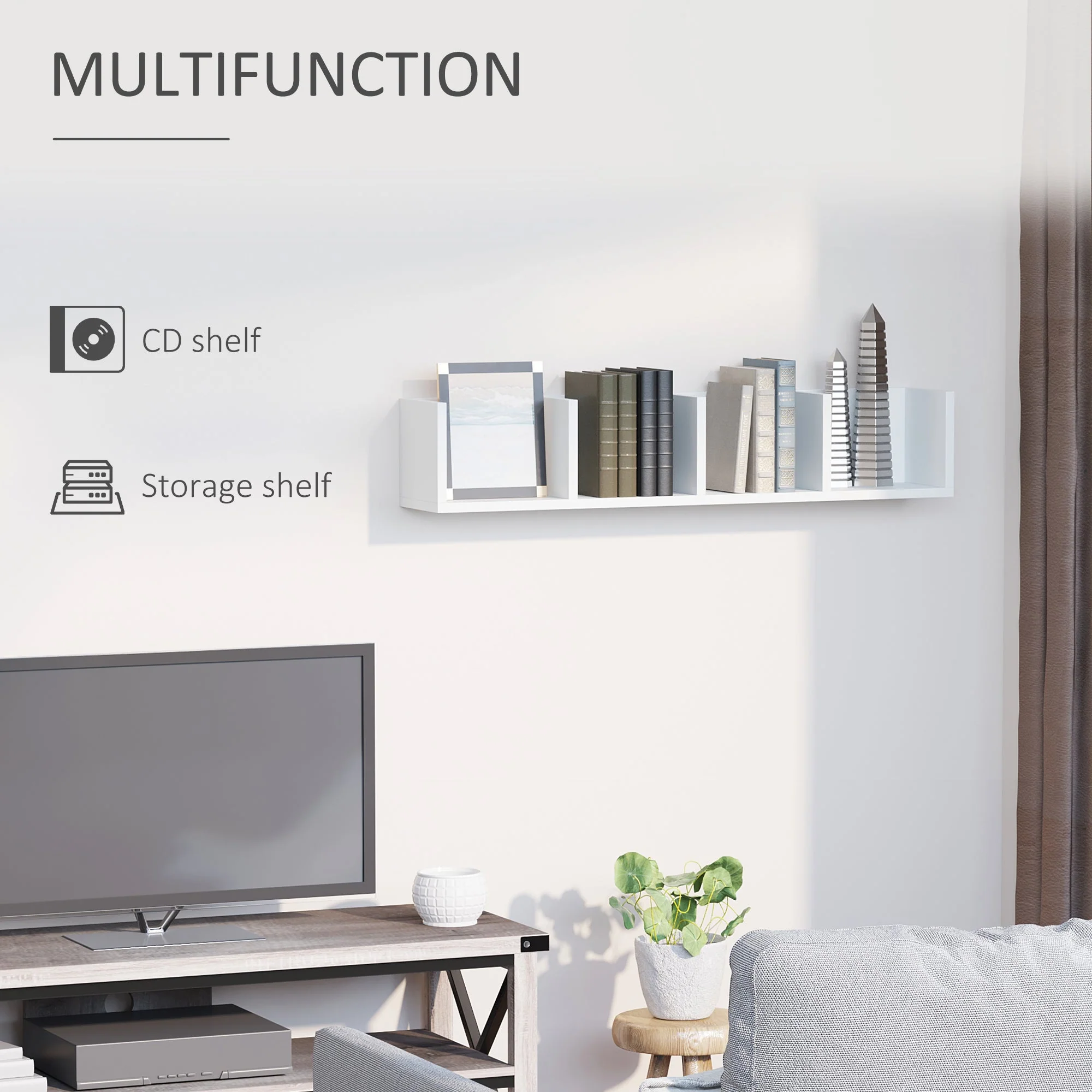 Homcom 95cm Four-Compartment Wall Shelf - White - Image 4
