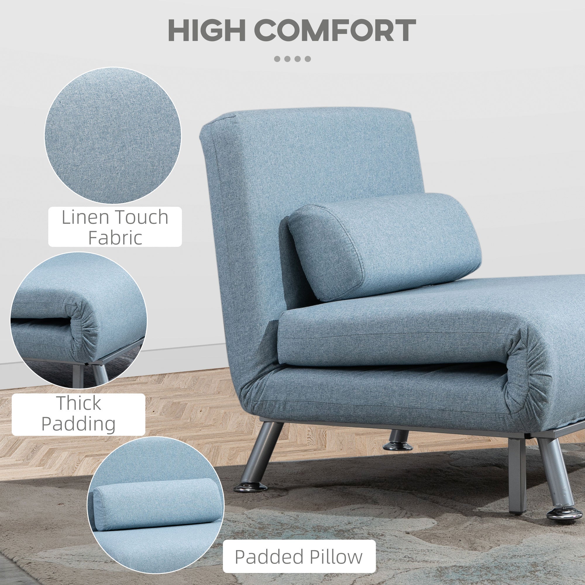 Homcom Adjustable Back Futon Sofa Chair - Blue - Image 6