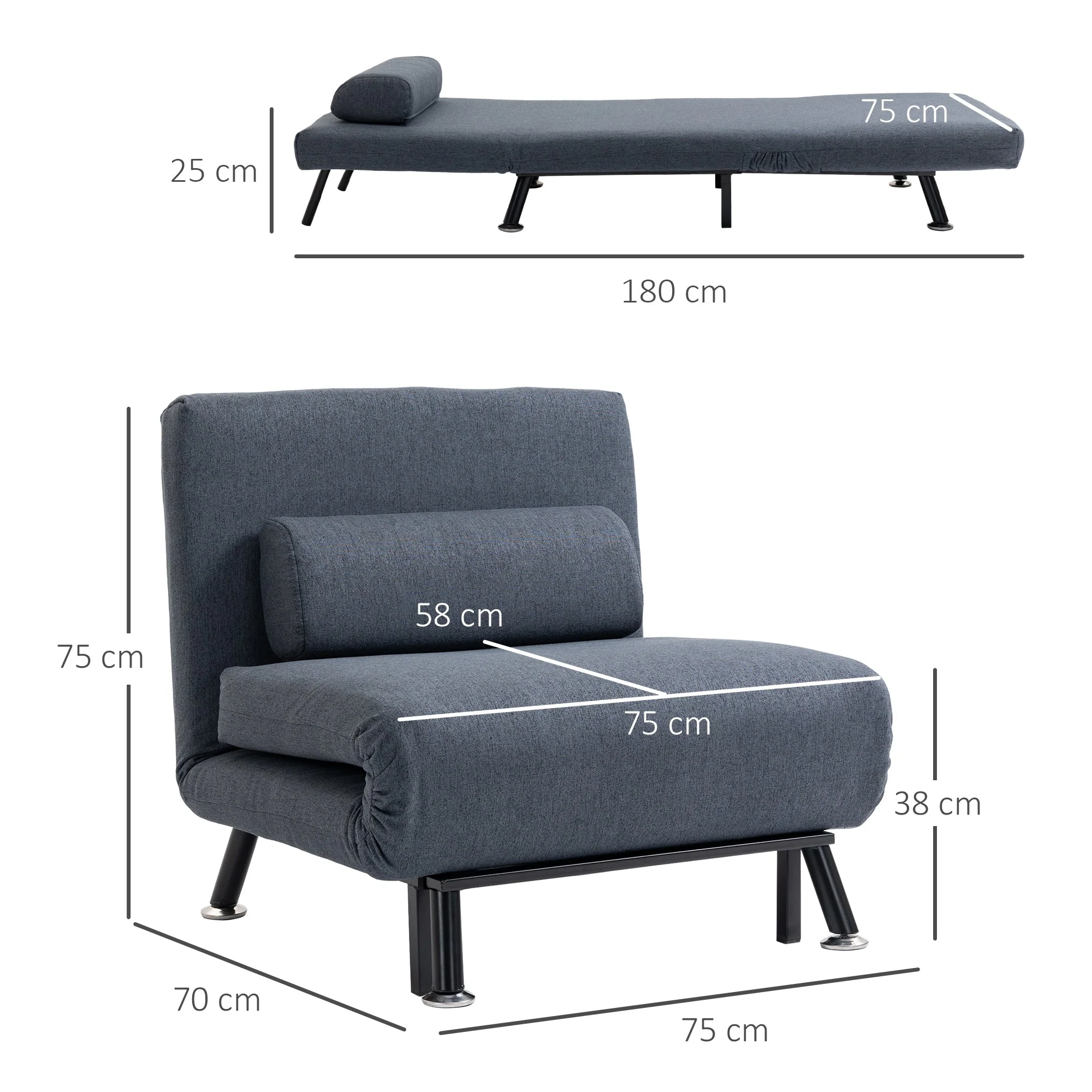 Homcom Adjustable Back Futon Sofa Chair - Dark Grey - Image 3