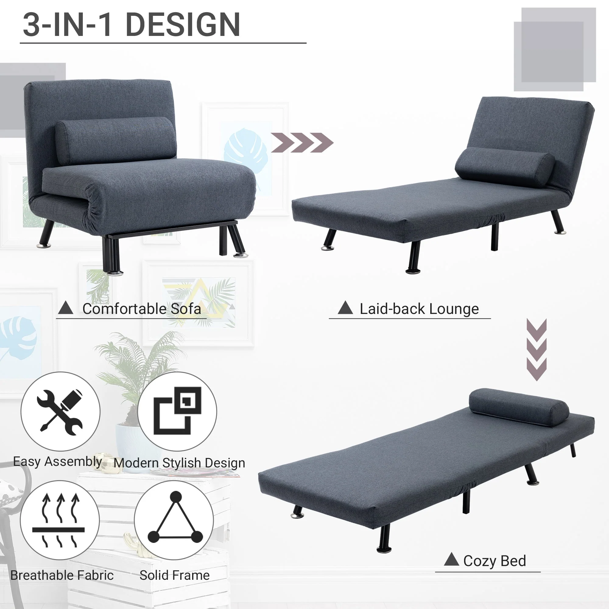 Homcom Adjustable Back Futon Sofa Chair - Dark Grey - Image 7