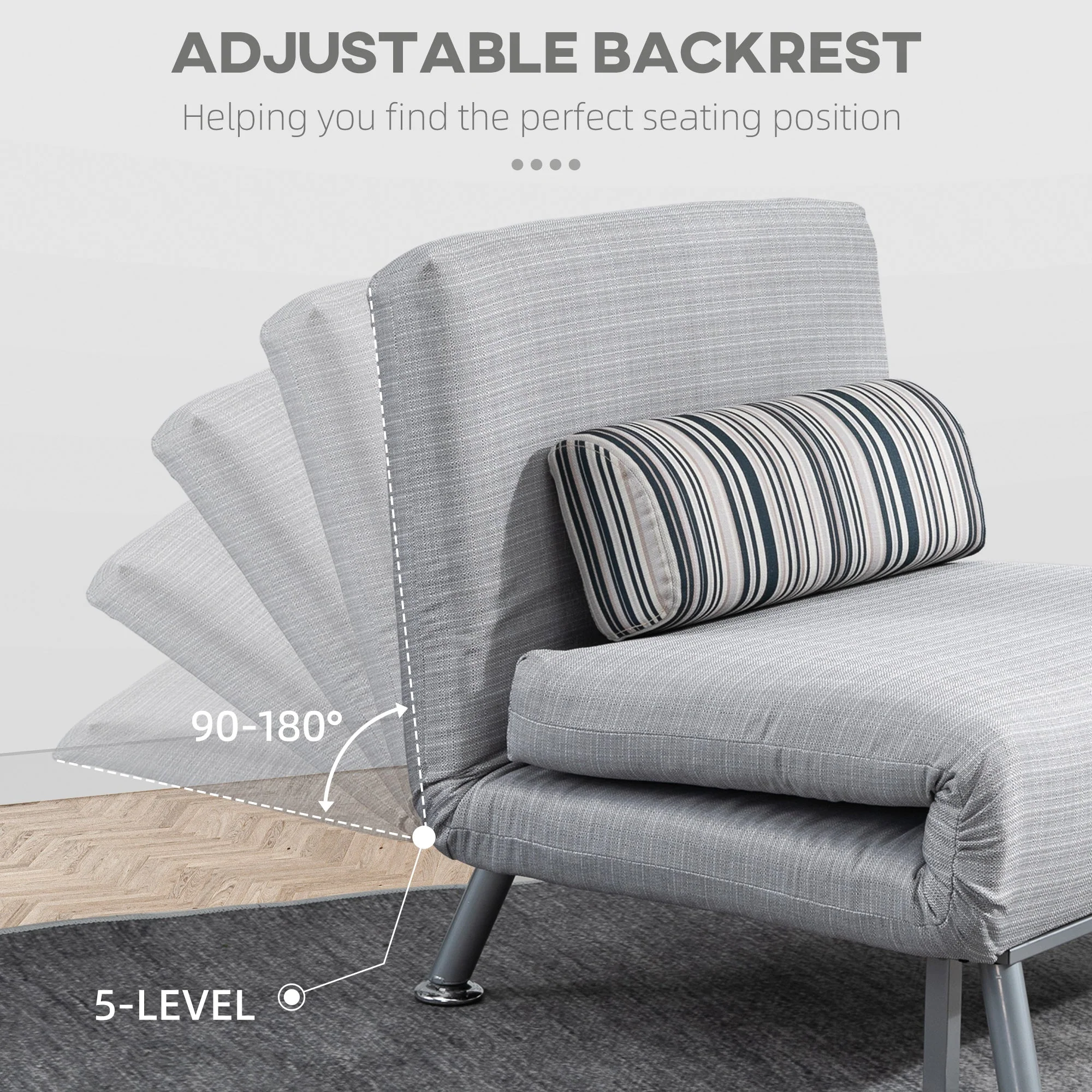 Homcom Adjustable Back Futon Sofa Chair - Grey - Image 4