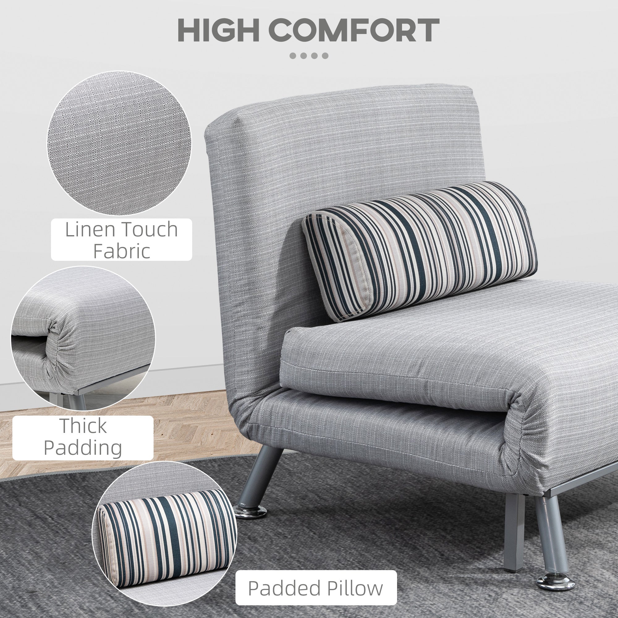 Homcom Adjustable Back Futon Sofa Chair - Grey - Image 7