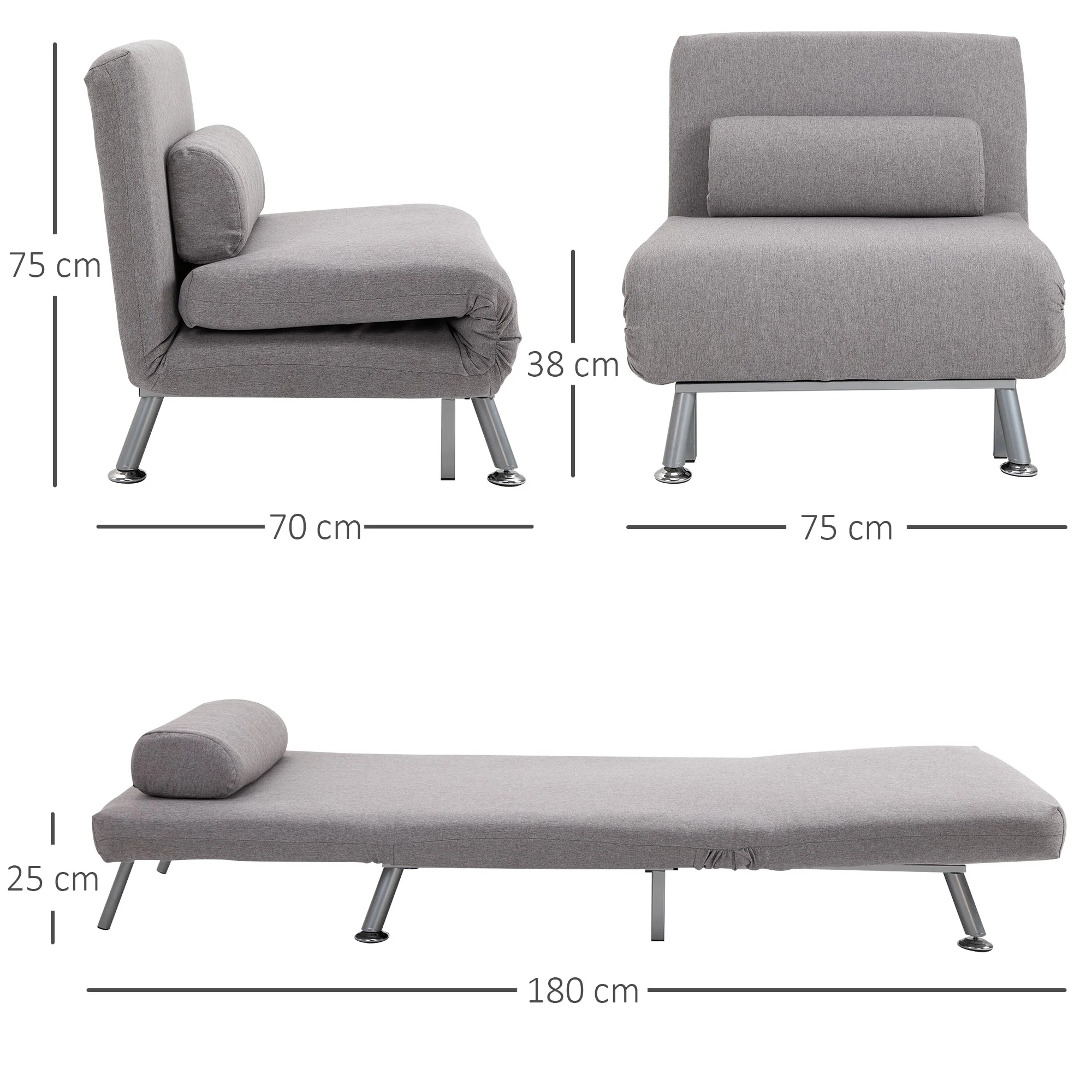 Homcom Adjustable Back Futon Sofa Chair - Grey - Image 3