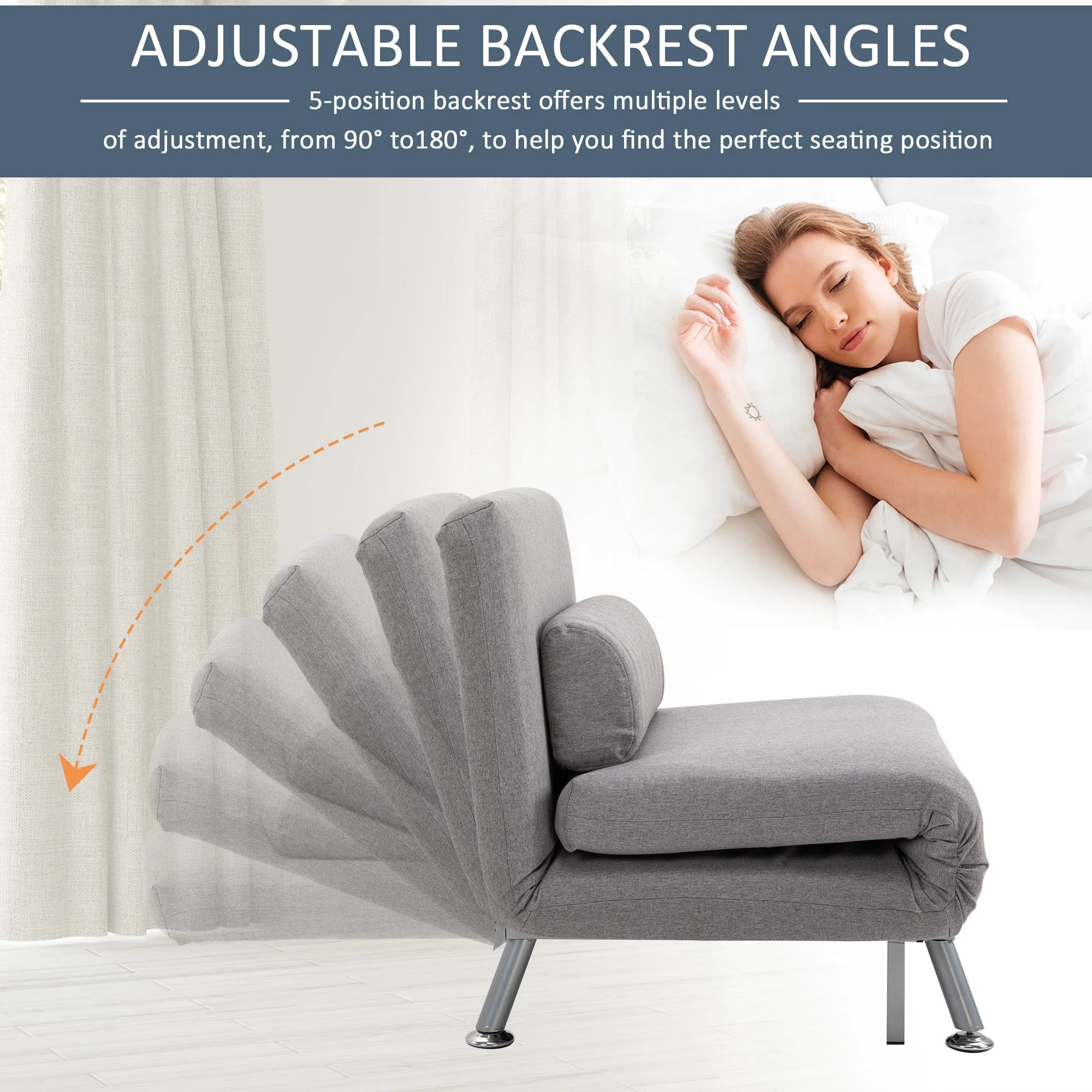 Homcom Adjustable Back Futon Sofa Chair - Grey - Image 4