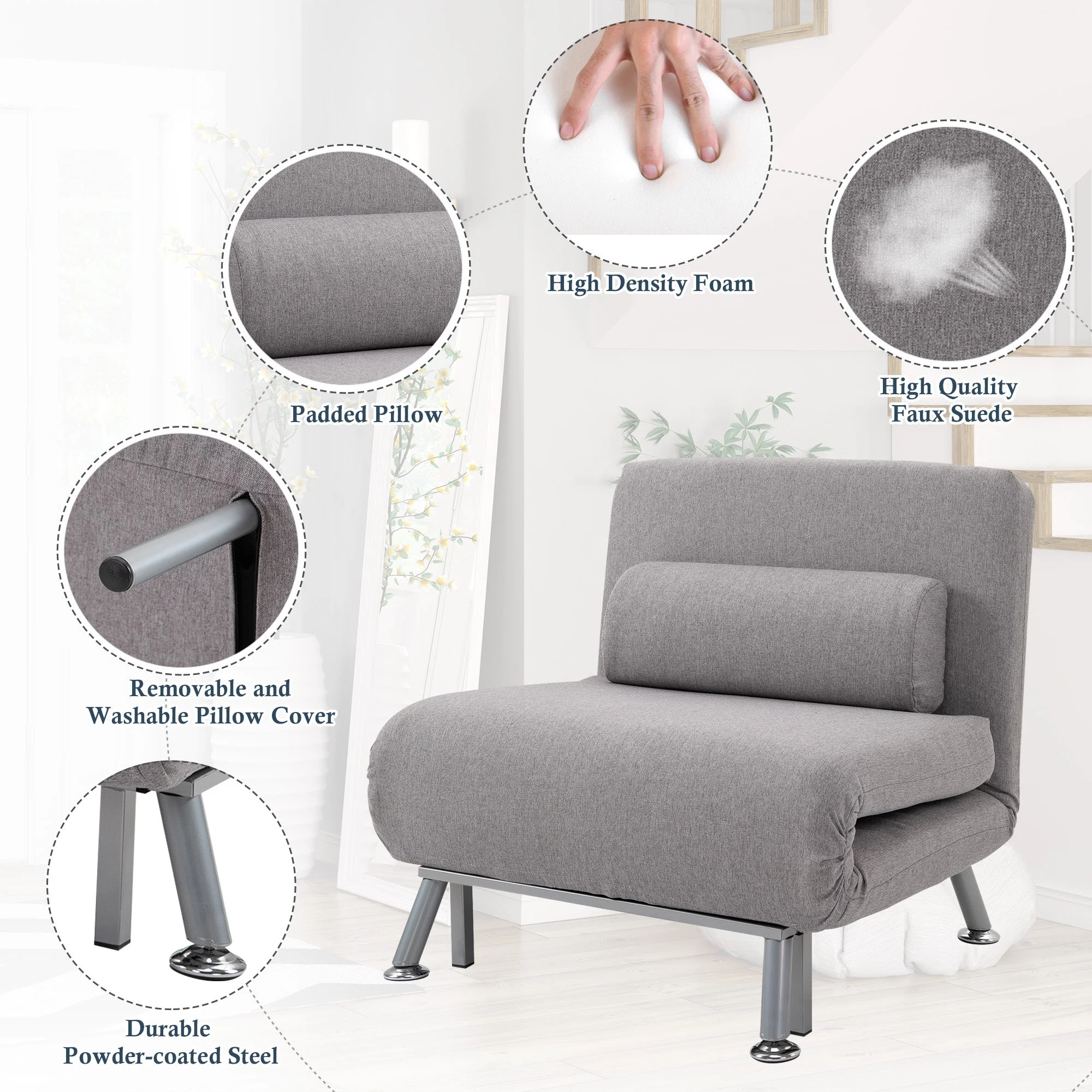 Homcom Adjustable Back Futon Sofa Chair - Grey - Image 5