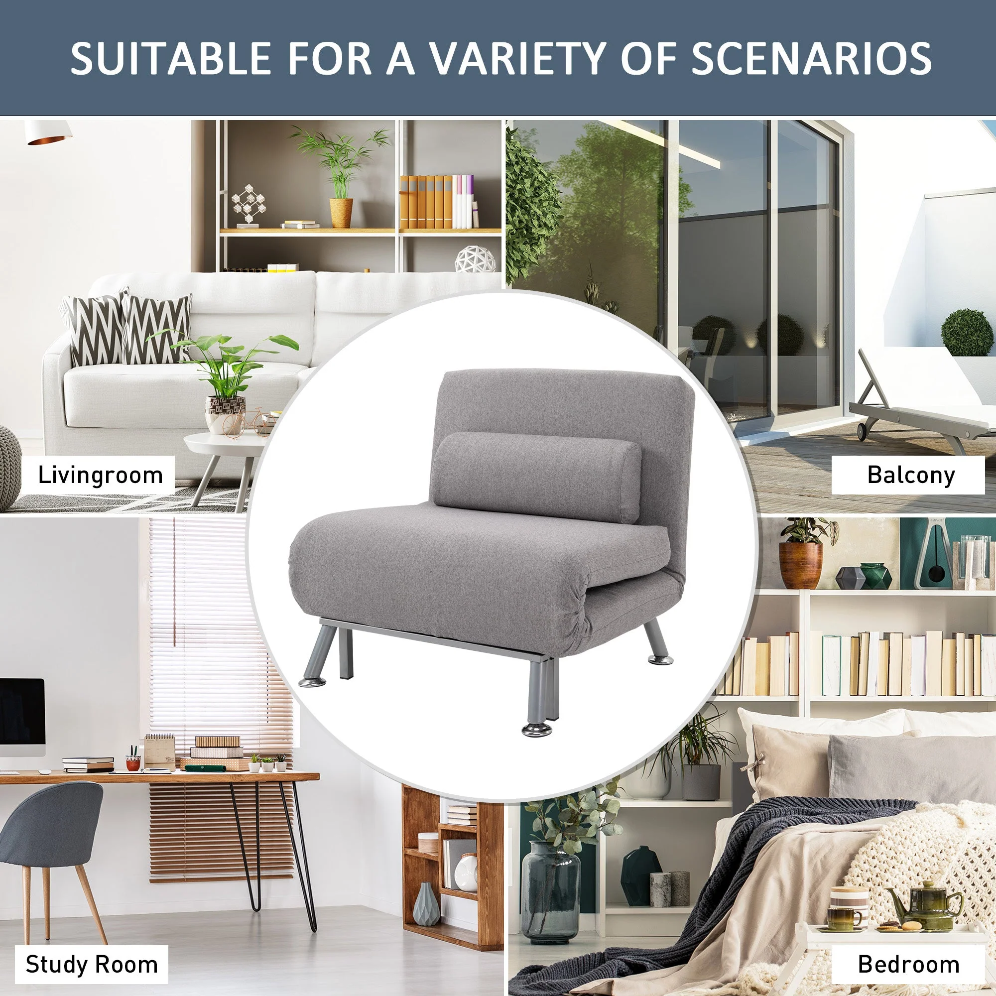 Homcom Adjustable Back Futon Sofa Chair - Grey - Image 6