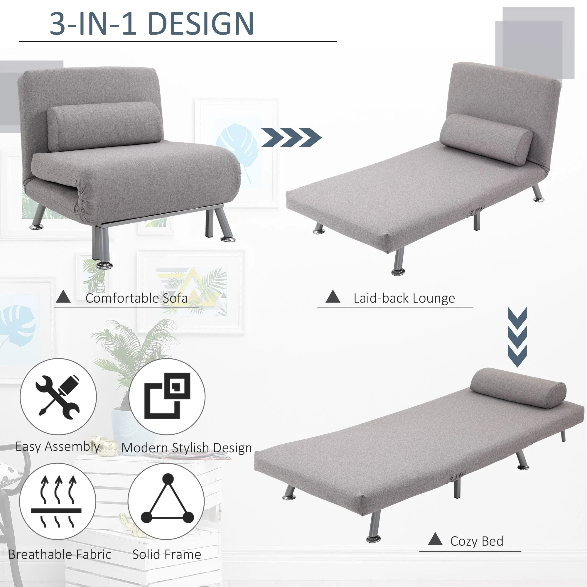 Homcom Adjustable Back Futon Sofa Chair - Grey - Image 7
