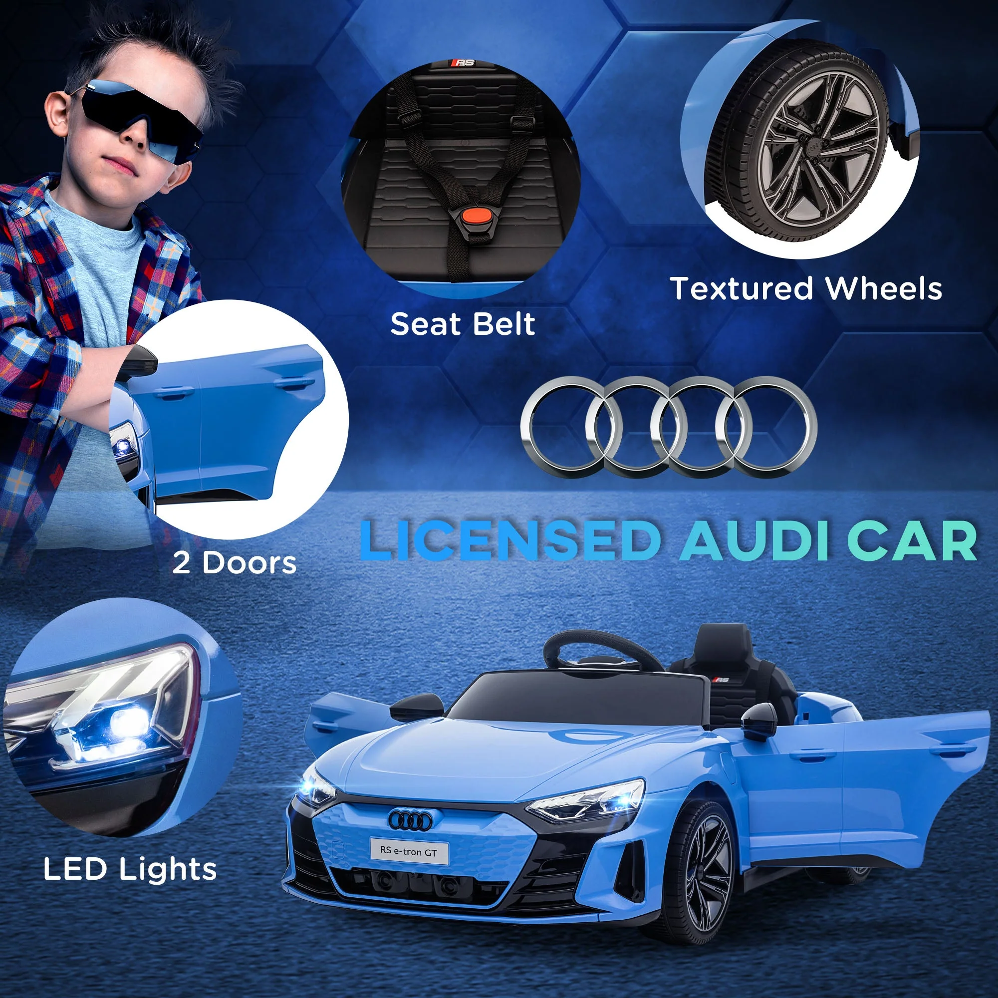 Homcom Audi Licensed 12V Kids Electric Ride-On With Remote Control Suspension System Lights Music Motor - Blue - Image 3
