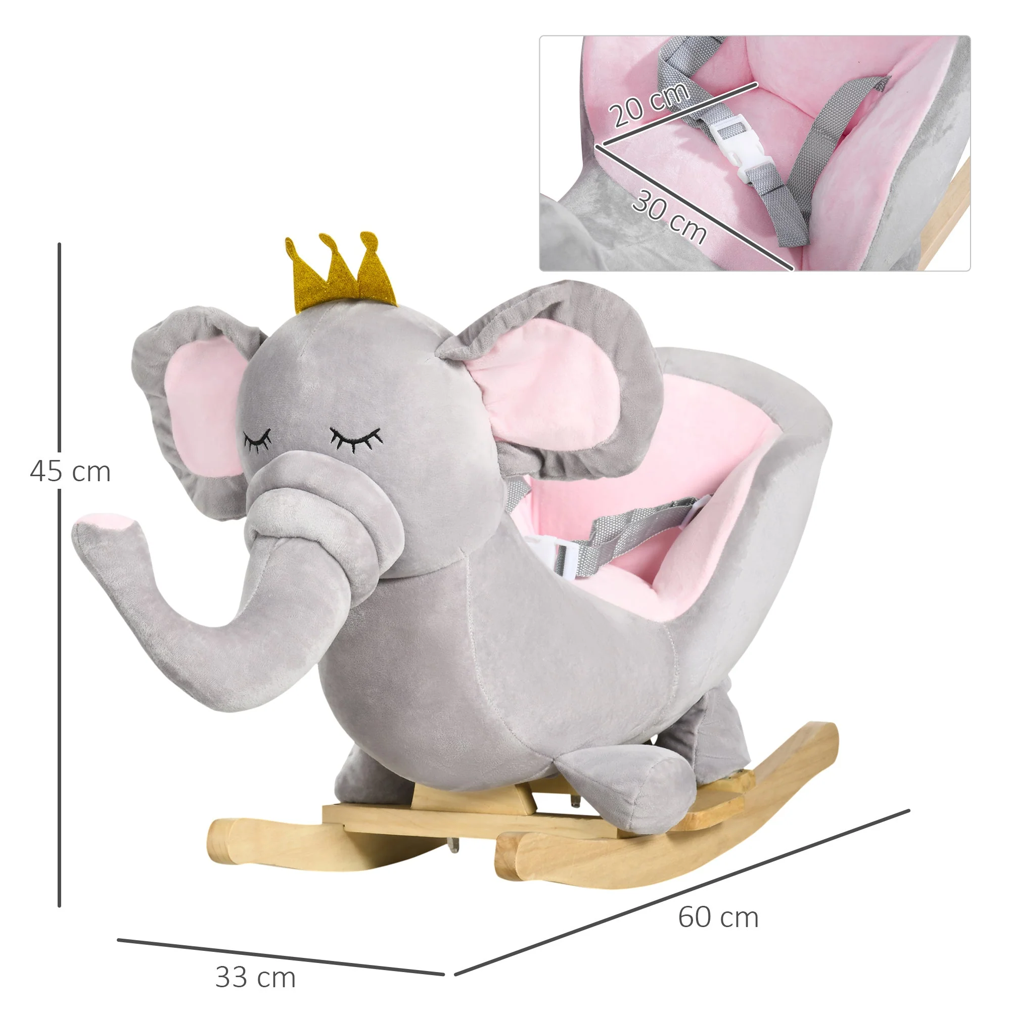 Homcom Baby Rocking Horse Elephant Rocking Chair Rocker Toy With Wooden Base Seat Safety Belt For 1.5-3 Year Old Grey - Image 2