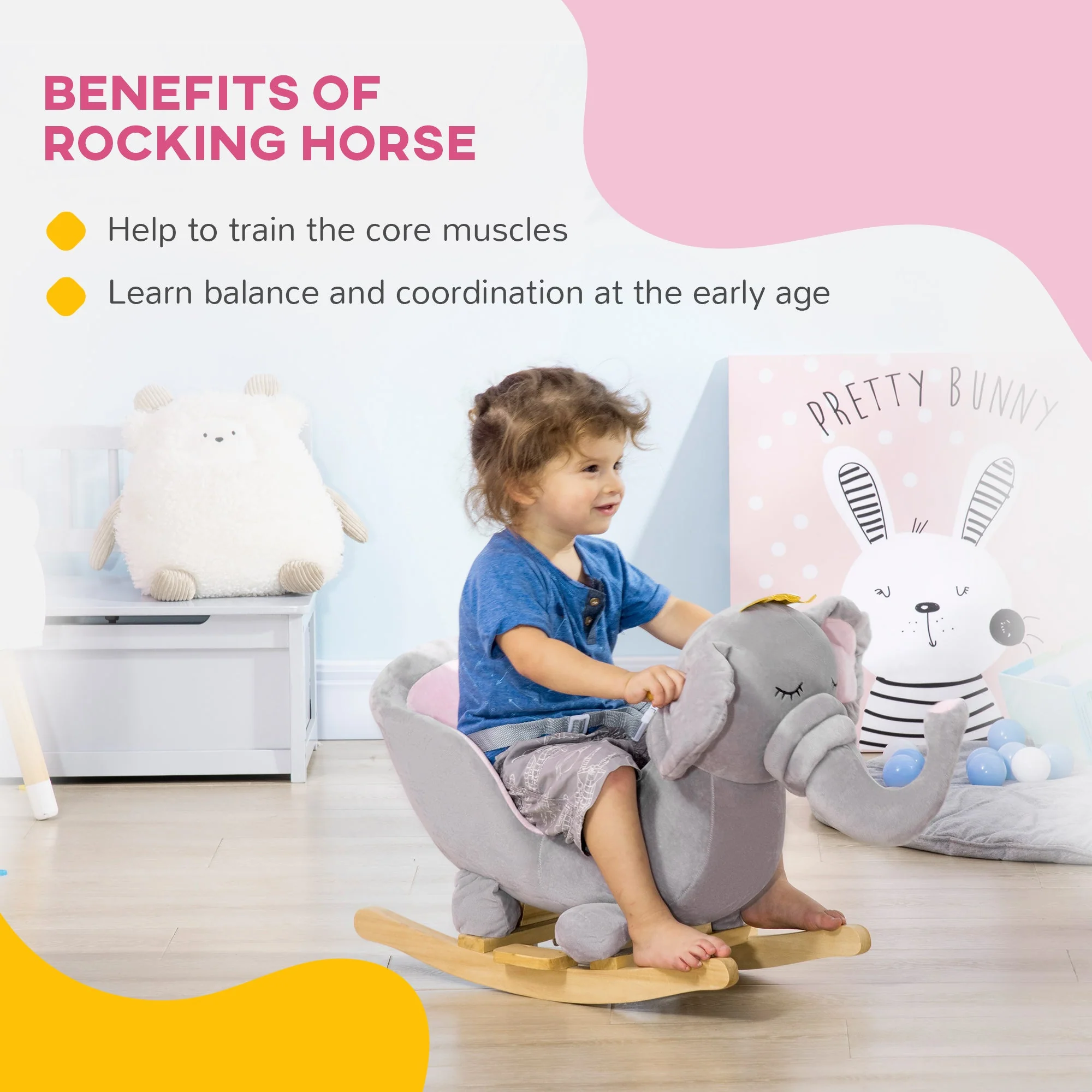 Homcom Baby Rocking Horse Elephant Rocking Chair Rocker Toy With Wooden Base Seat Safety Belt For 1.5-3 Year Old Grey - Image 5