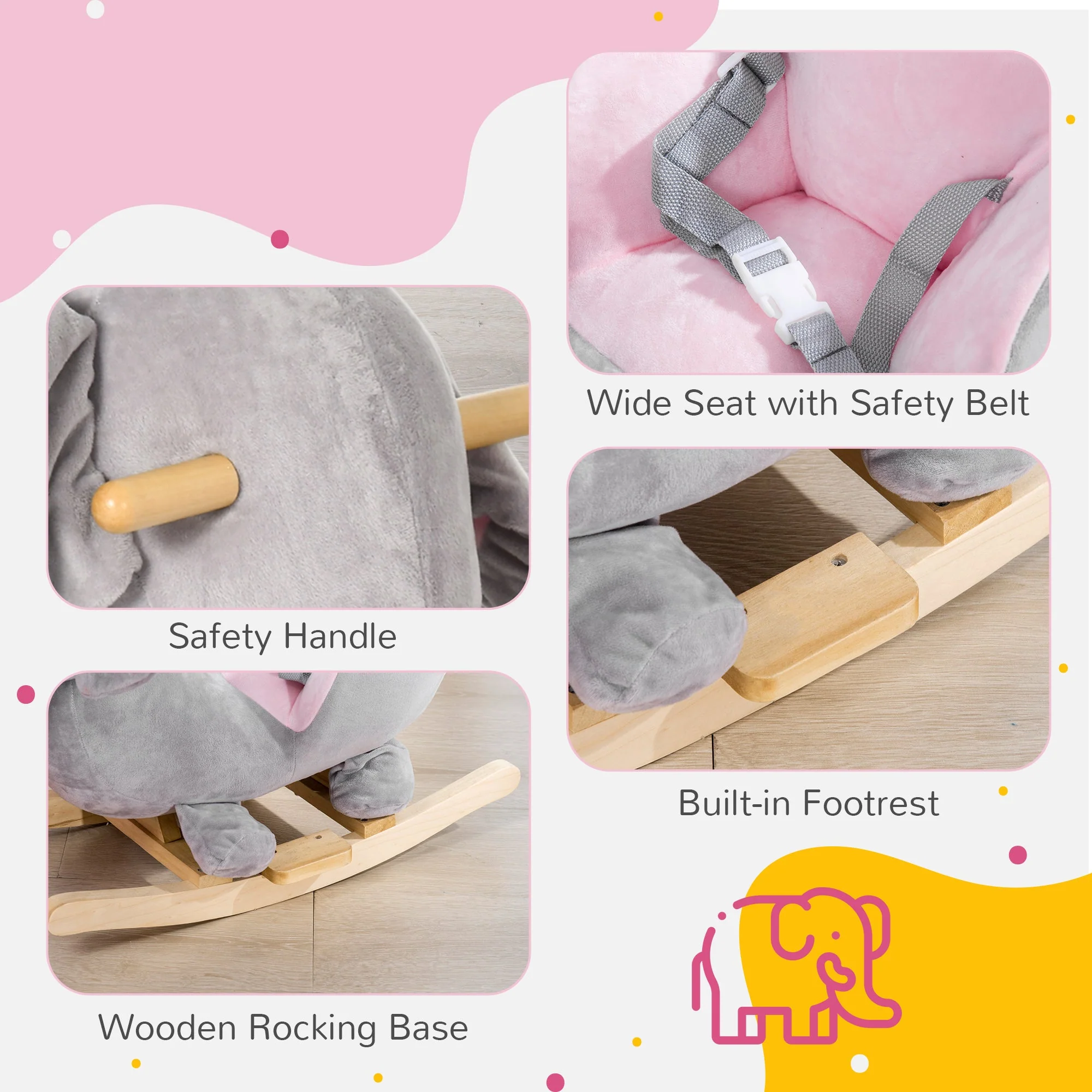 Homcom Baby Rocking Horse Elephant Rocking Chair Rocker Toy With Wooden Base Seat Safety Belt For 1.5-3 Year Old Grey - Image 6
