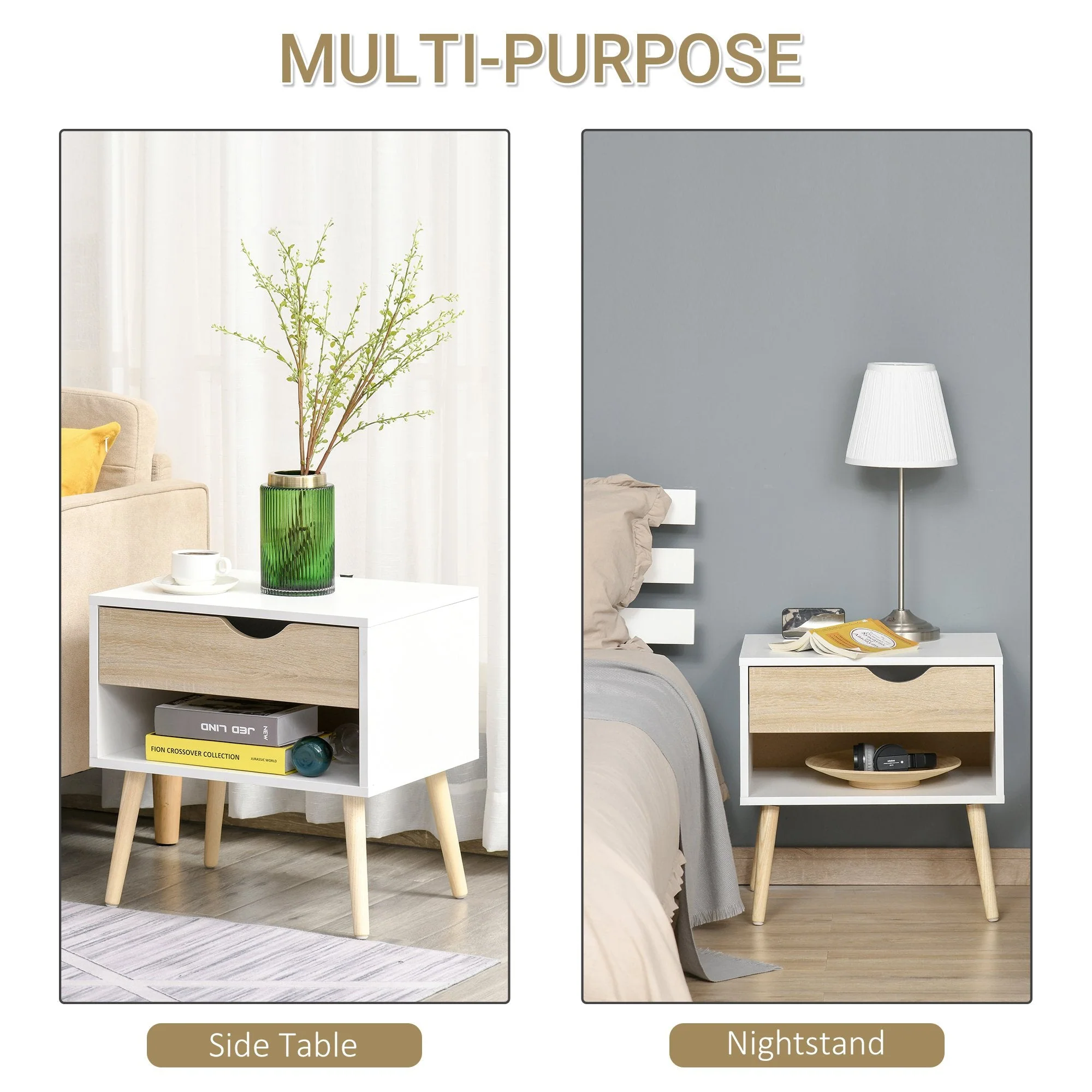 Homcom Bedside Table With Drawer And Shelf Nightstand Storage Chest For Bedroom - Image 3