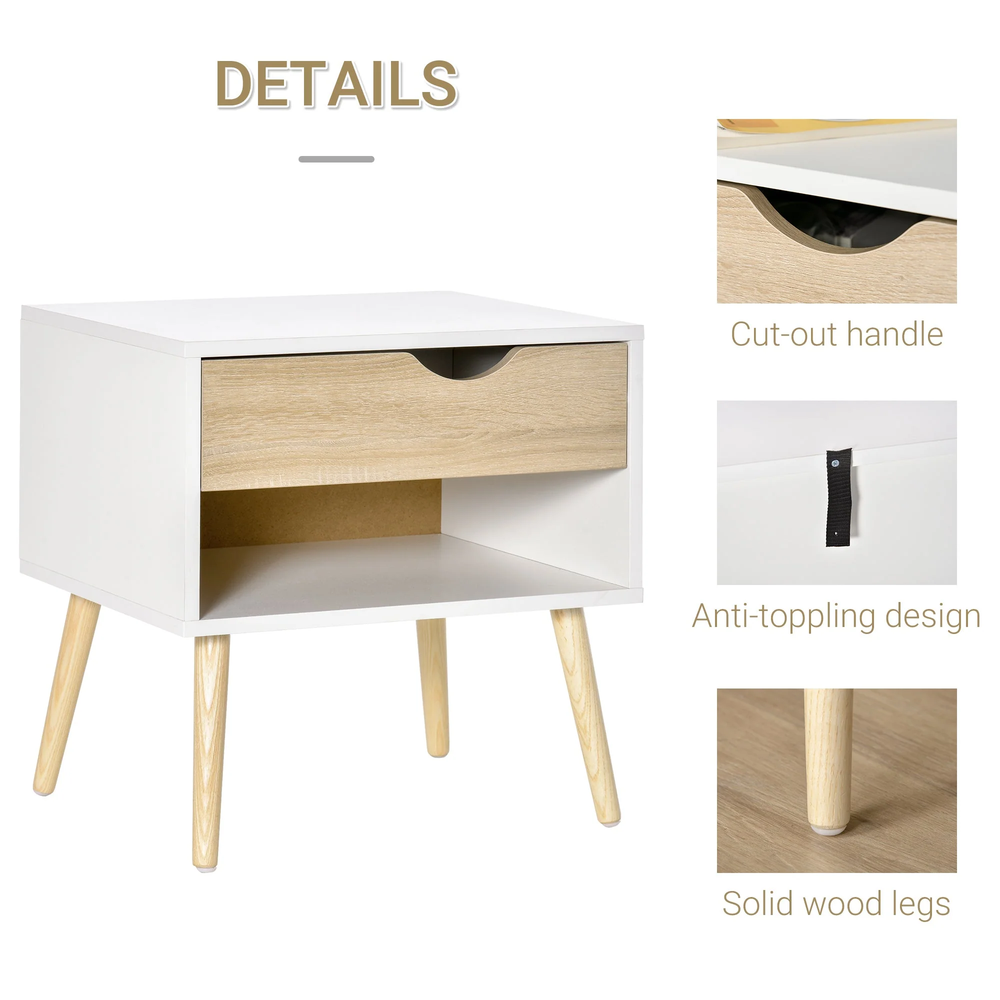 Homcom Bedside Table With Drawer And Shelf Nightstand Storage Chest For Bedroom - Image 4