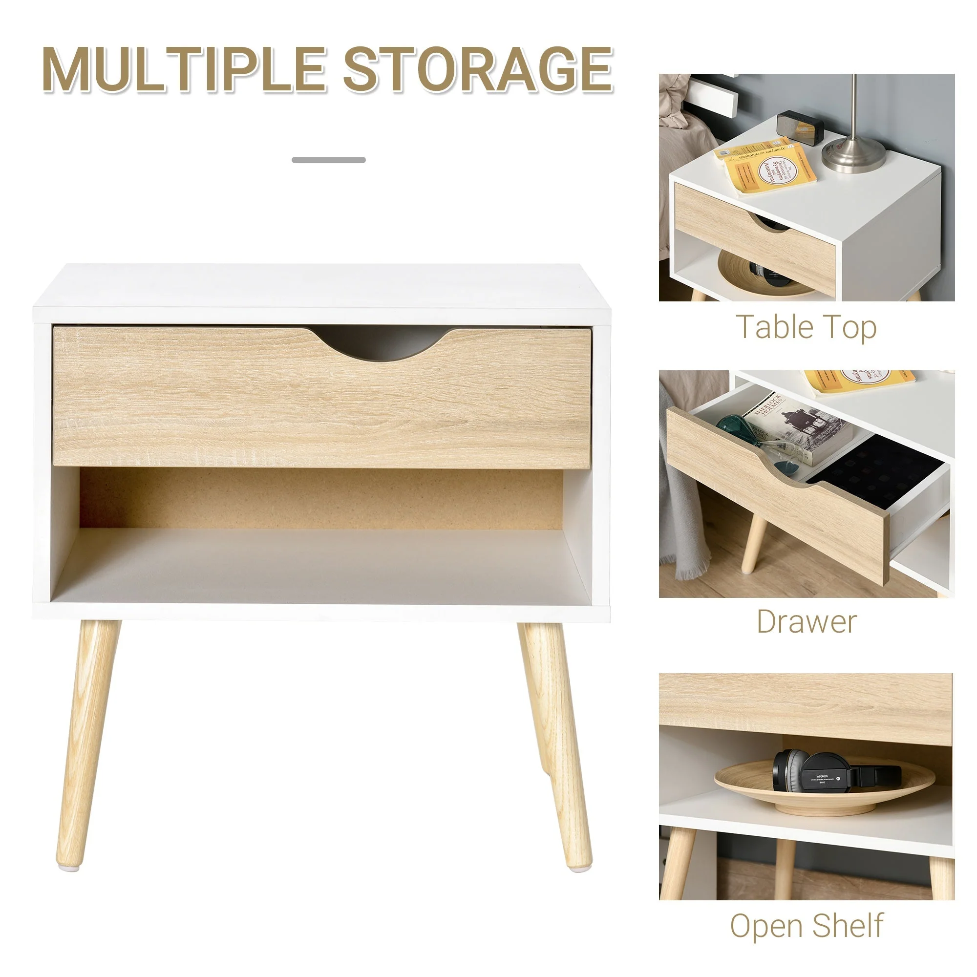 Homcom Bedside Table With Drawer And Shelf Nightstand Storage Chest For Bedroom - Image 5