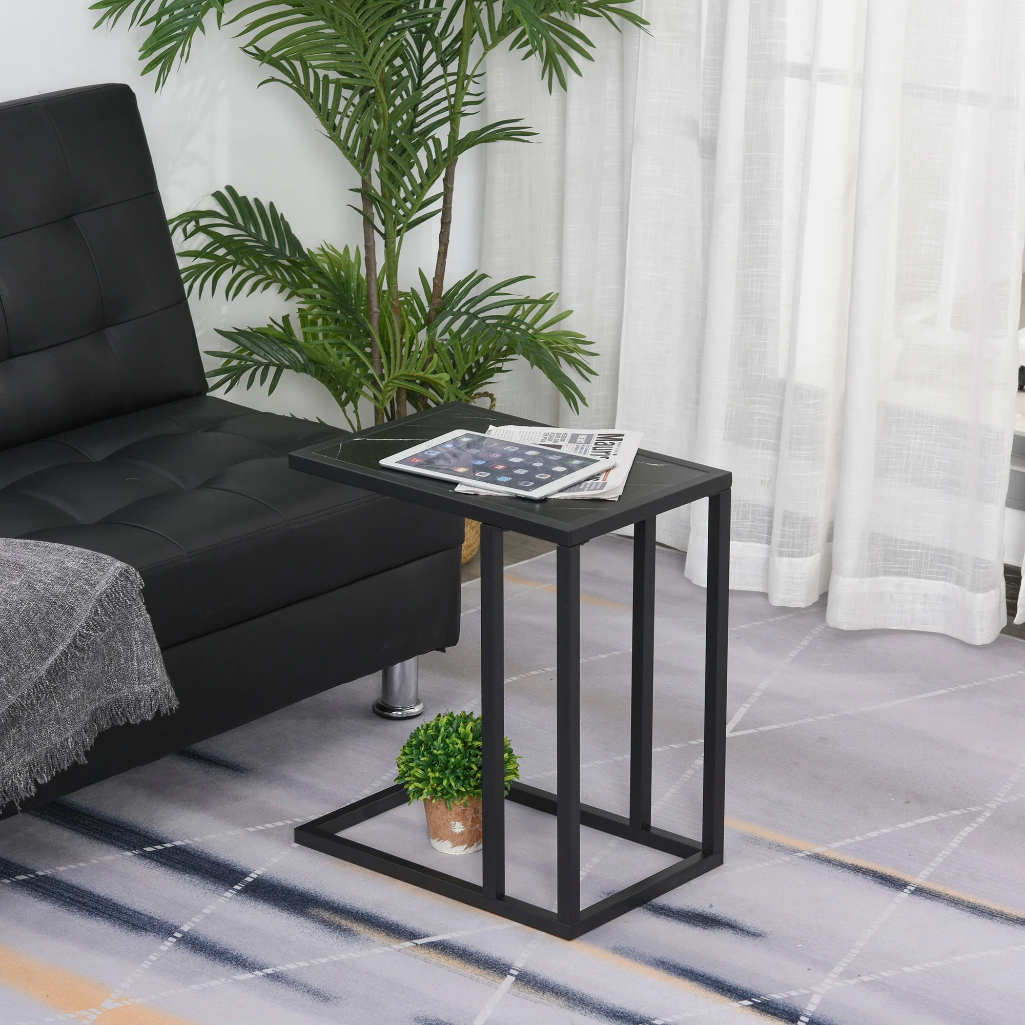 Homcom C Shape End Table W/Metal Frame Marble-Effect Top Sofa Side Table Narrow Snack Coffee Table For Living Room Black - Image 2