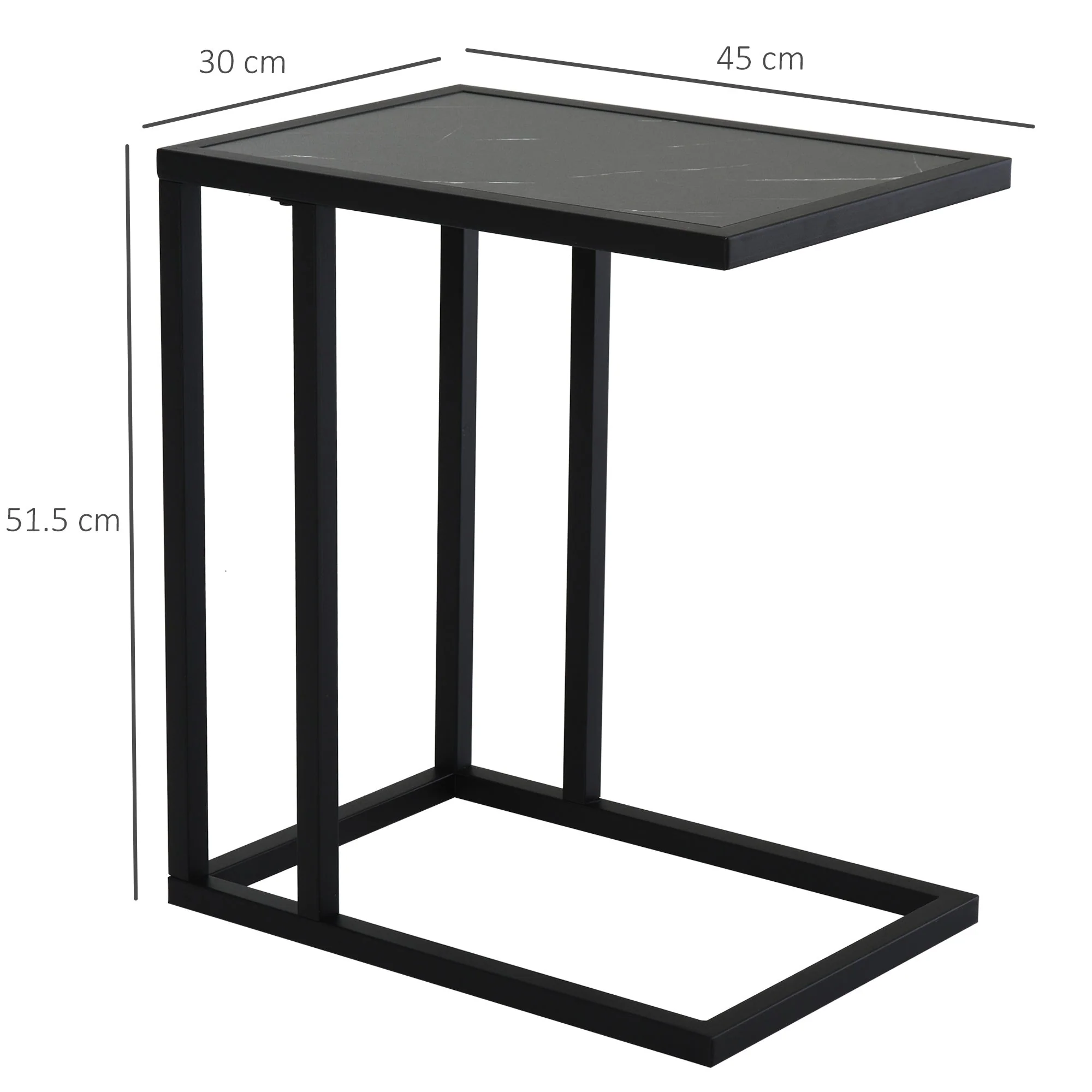 Homcom C Shape End Table W/Metal Frame Marble-Effect Top Sofa Side Table Narrow Snack Coffee Table For Living Room Black - Image 3