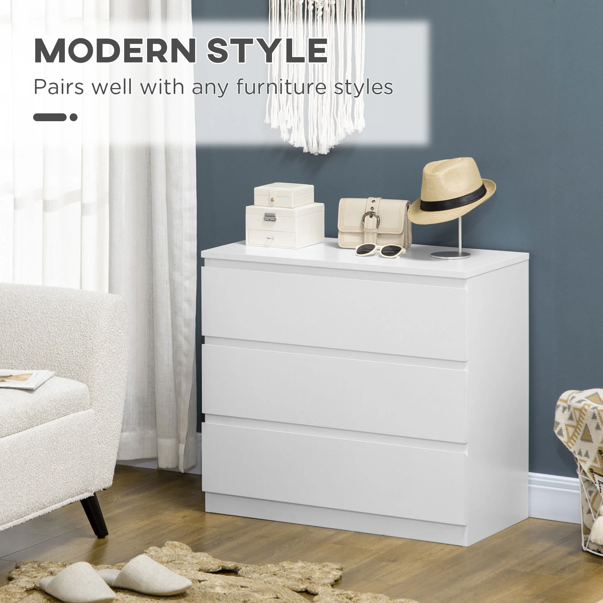 Homcom Chest Of Drawers 3-Drawer Storage Organiser Unit For Bedroom Living Room White - Image 4