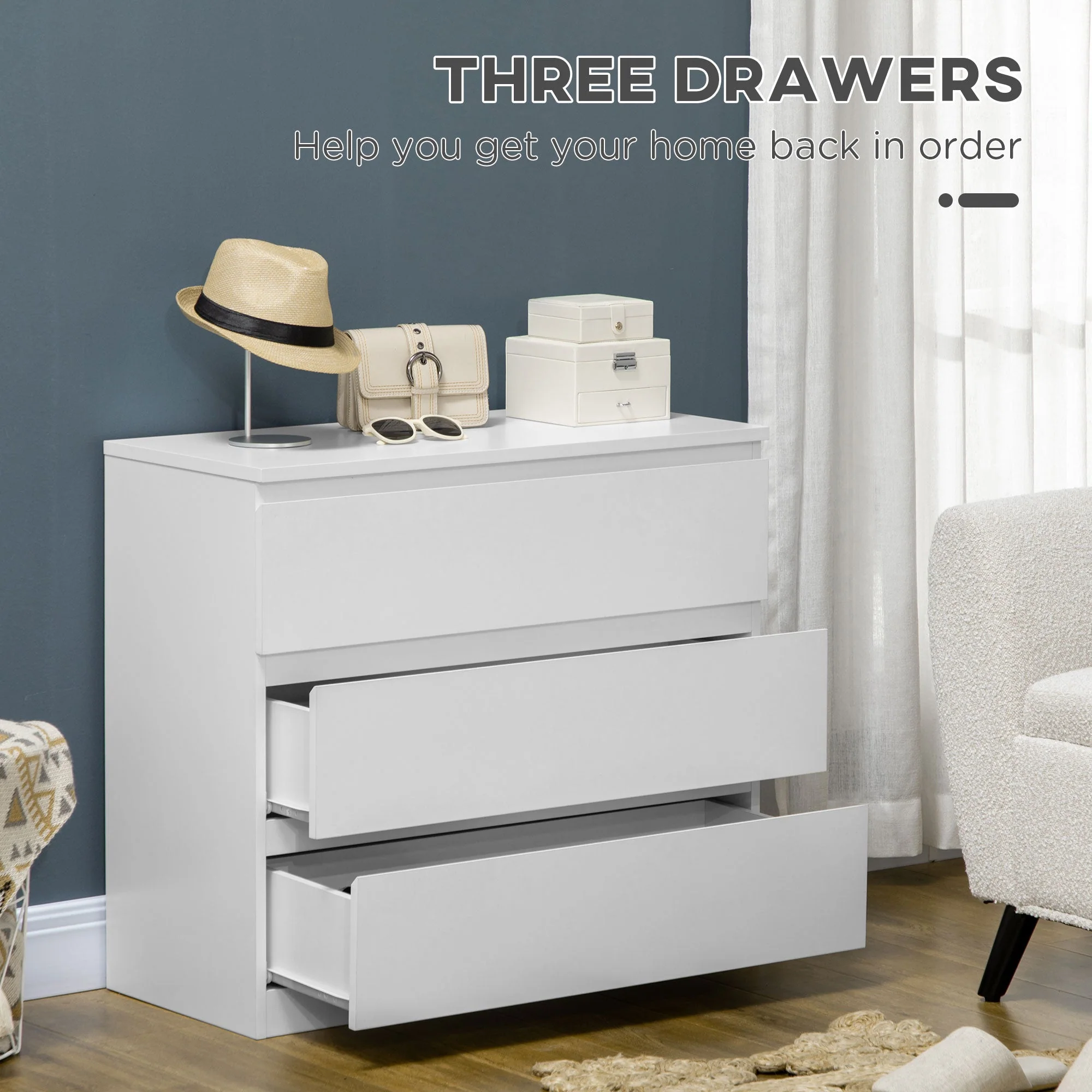 Homcom Chest Of Drawers 3-Drawer Storage Organiser Unit For Bedroom Living Room White - Image 5