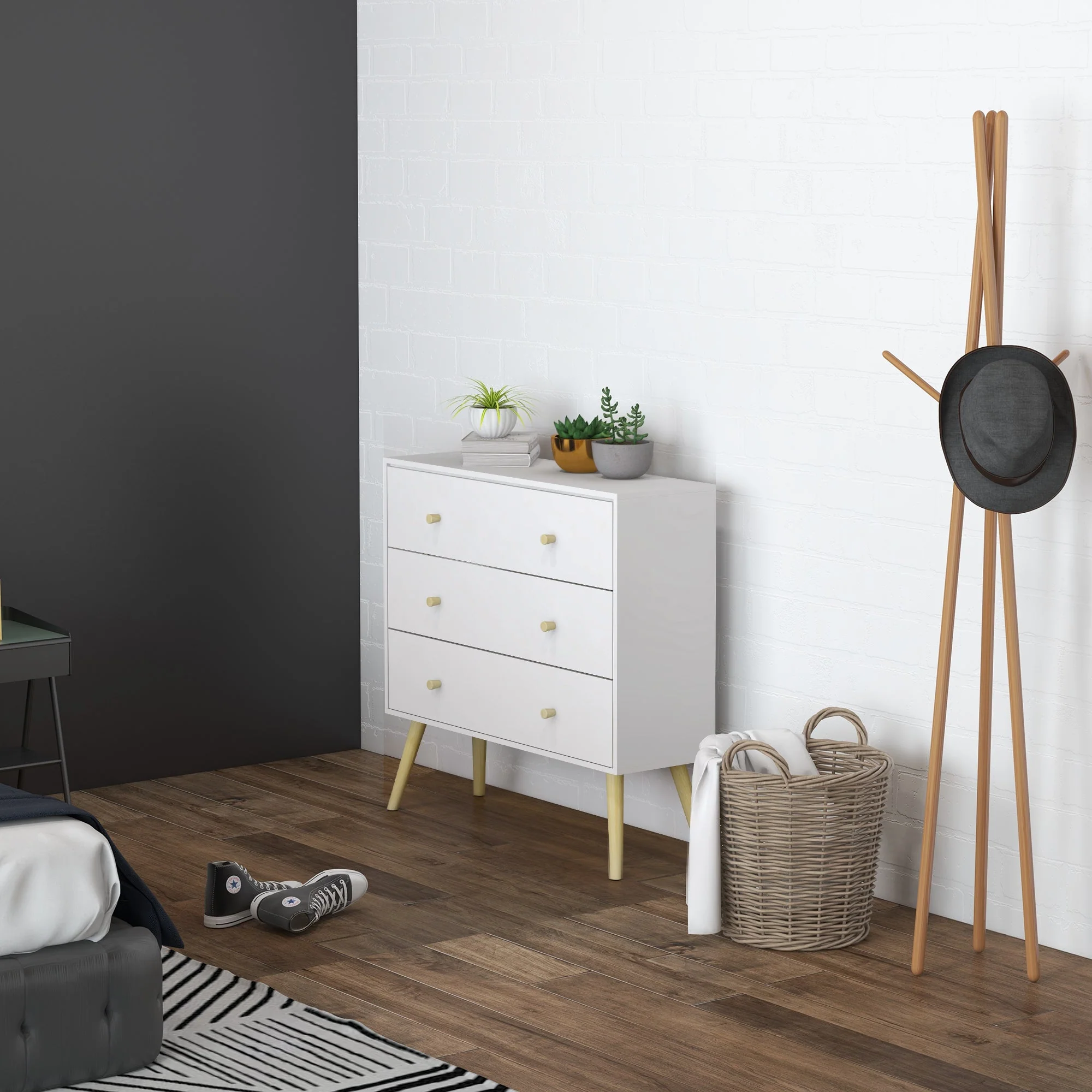 Homcom Chest Of Drawers 3-Drawer Storage Organiser Unit With Wood Legs For Bedroom Living Room White - Image 2