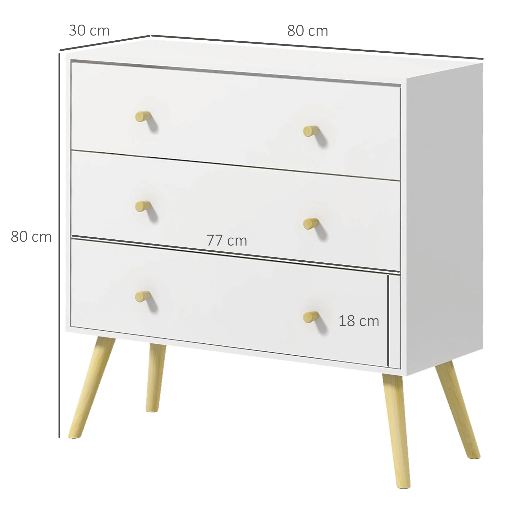 Homcom Chest Of Drawers 3-Drawer Storage Organiser Unit With Wood Legs For Bedroom Living Room White - Image 3