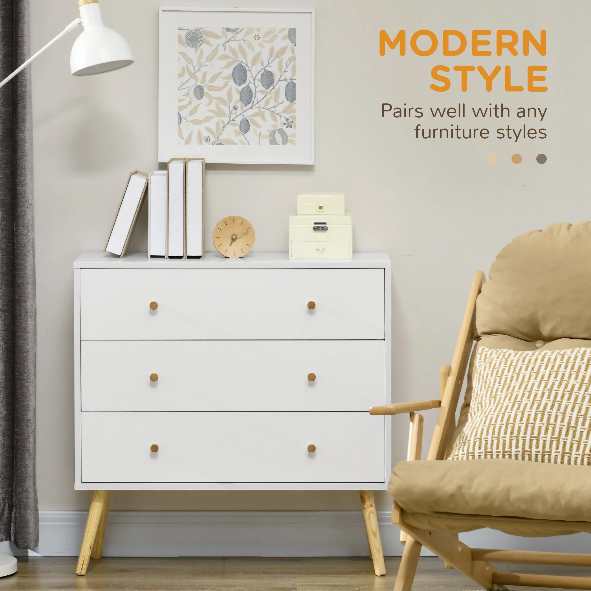 Homcom Chest Of Drawers 3-Drawer Storage Organiser Unit With Wood Legs For Bedroom Living Room White - Image 4