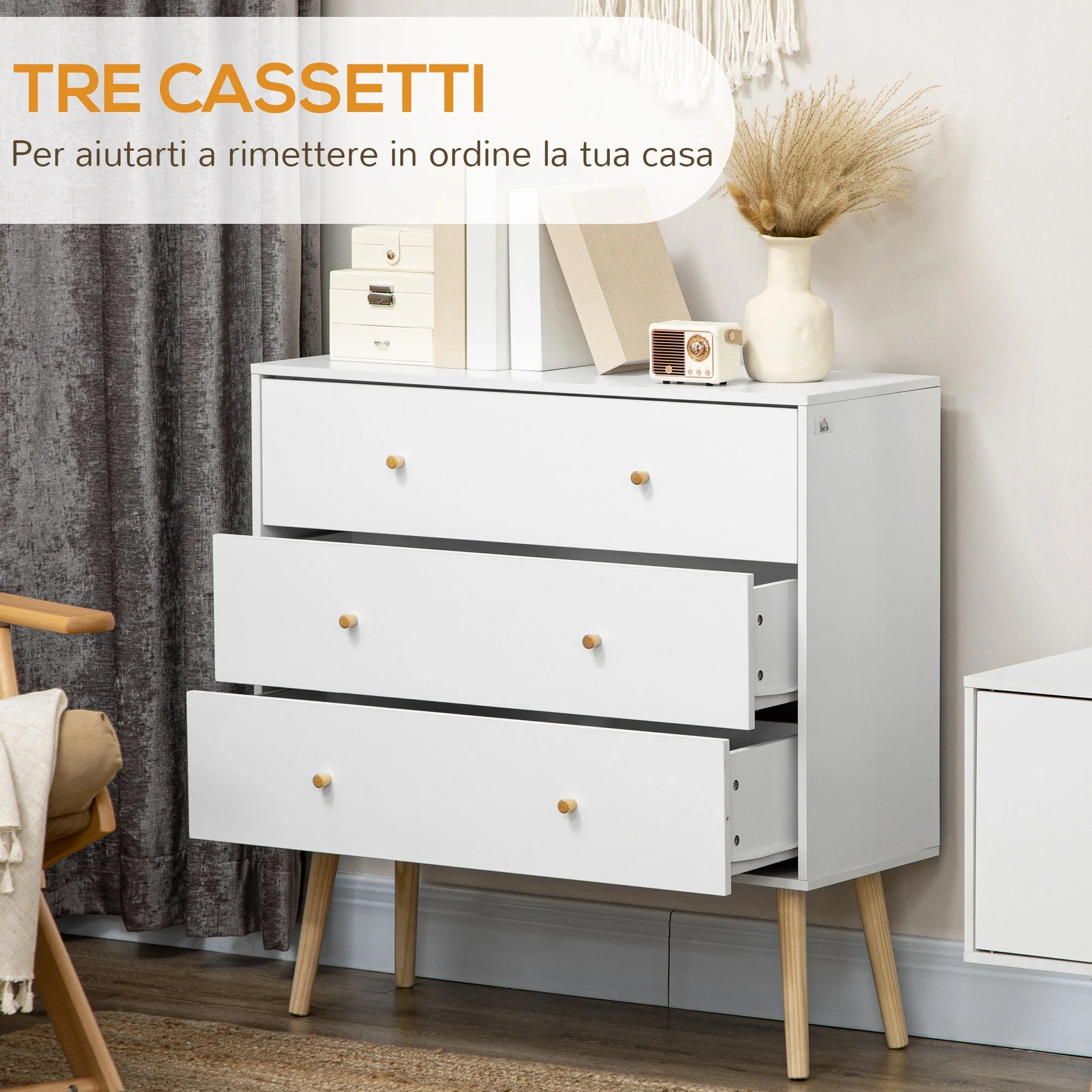 Homcom Chest Of Drawers 3-Drawer Storage Organiser Unit With Wood Legs For Bedroom Living Room White - Image 5