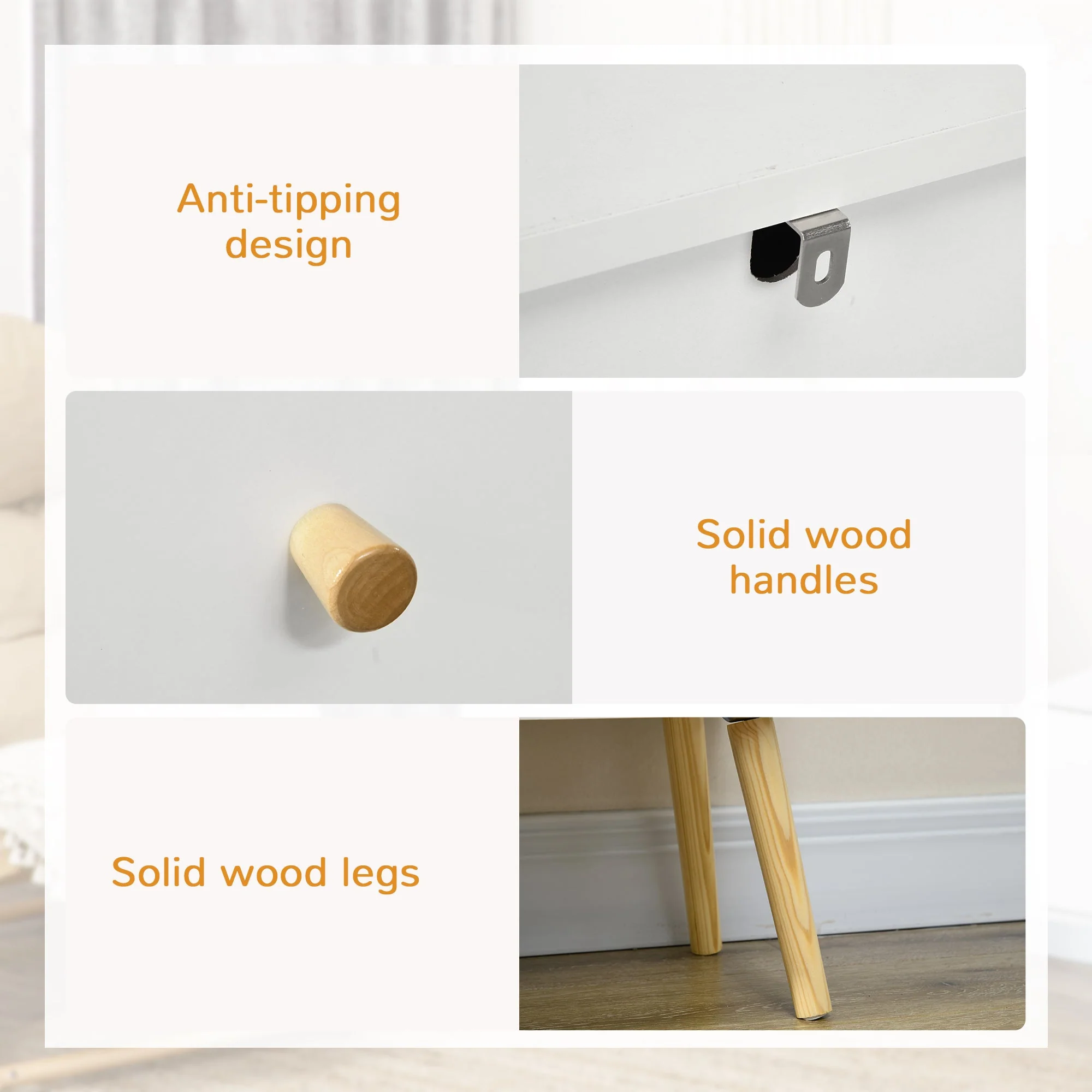 Homcom Chest Of Drawers 3-Drawer Storage Organiser Unit With Wood Legs For Bedroom Living Room White - Image 6