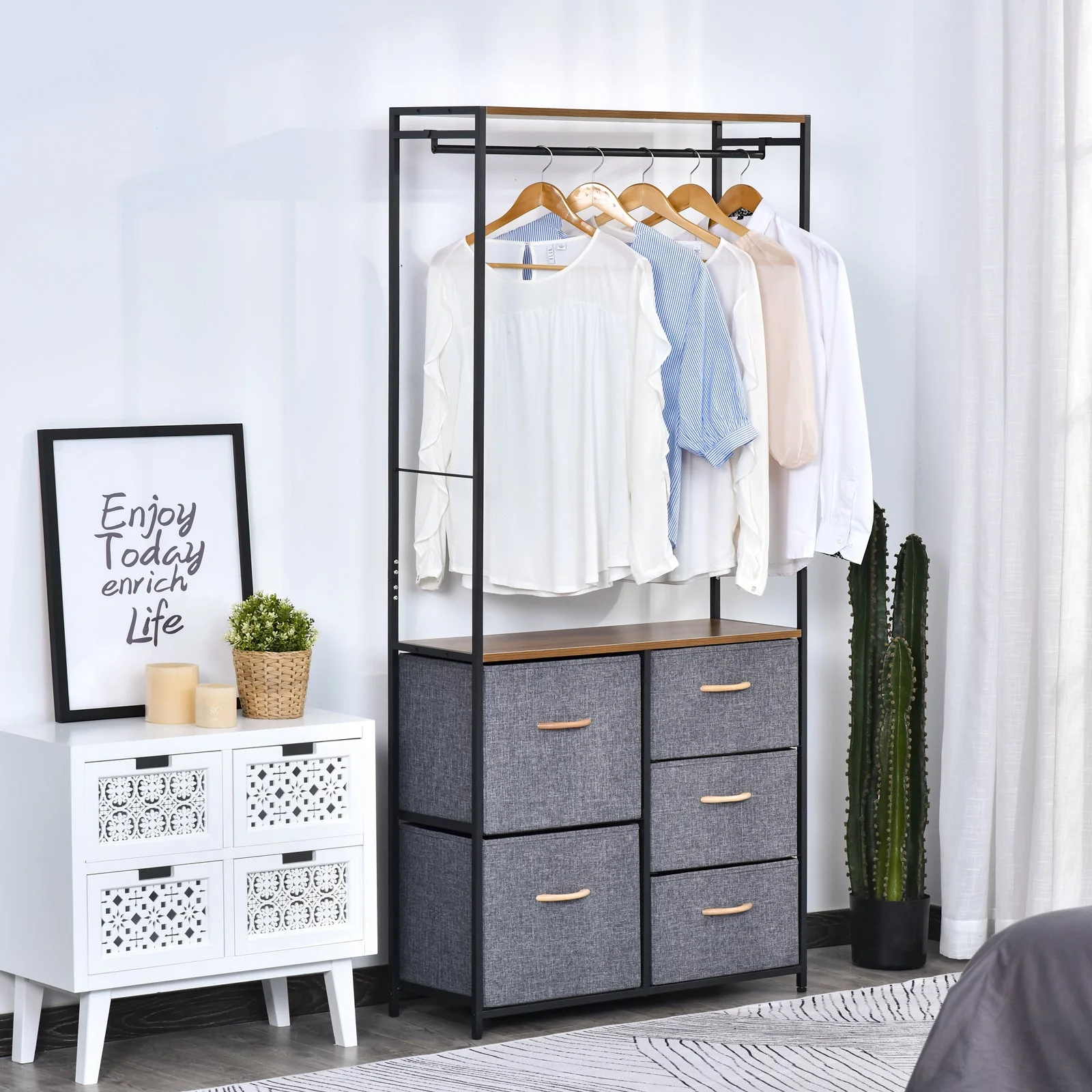 Homcom Chest of Drawers with Coat rack Steel Frame 5 Drawers Bedroom Hallway Home Furniture Black Brown - Image 2