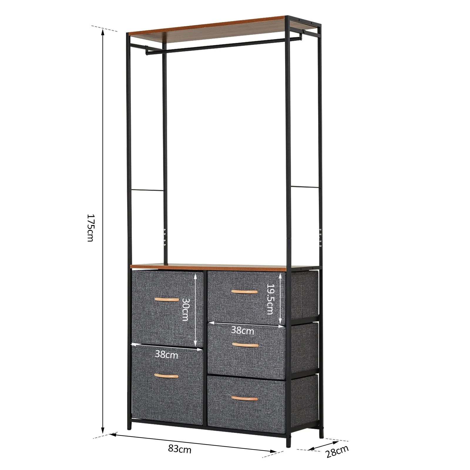 Homcom Chest of Drawers with Coat rack Steel Frame 5 Drawers Bedroom Hallway Home Furniture Black Brown - Image 3