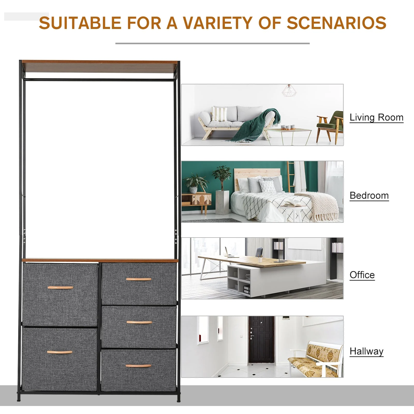 Homcom Chest of Drawers with Coat rack Steel Frame 5 Drawers Bedroom Hallway Home Furniture Black Brown - Image 6