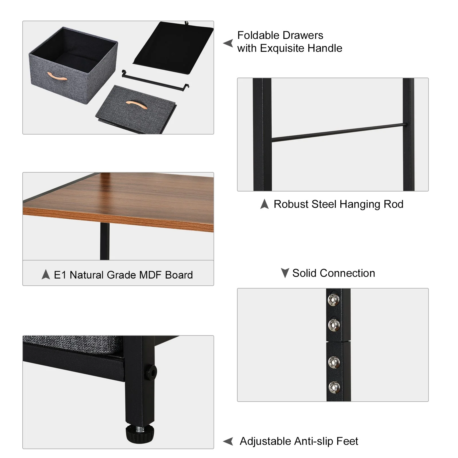 Homcom Chest of Drawers with Coat rack Steel Frame 5 Drawers Bedroom Hallway Home Furniture Black Brown - Image 7