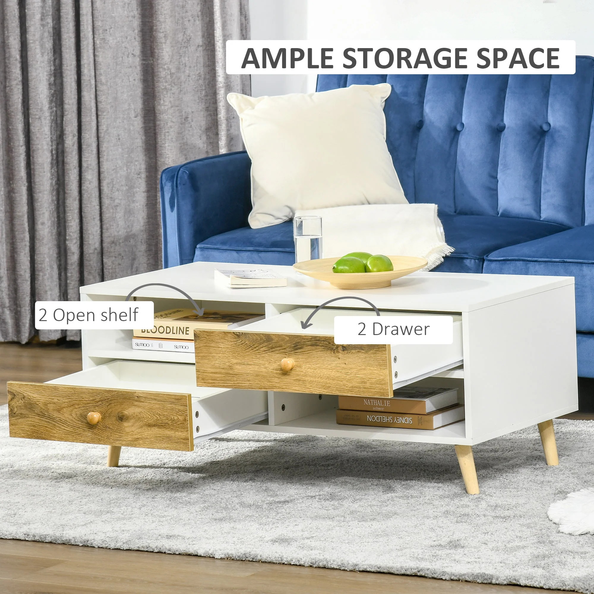 Homcom Coffee Table Rectangular End Table Side Table with 2 Drawers and 2 Shelves for Living Room - Image 5