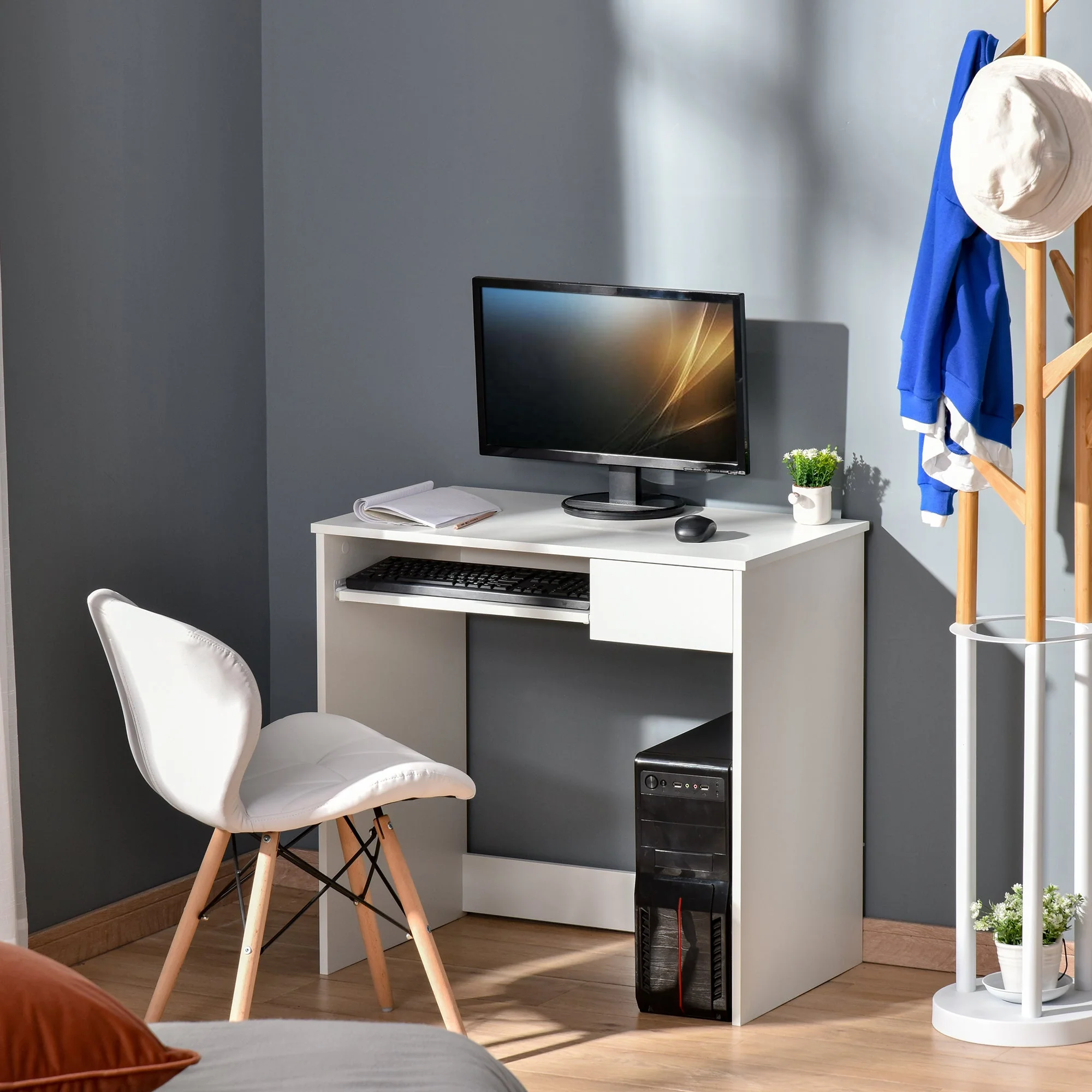 Homcom Compact Computer Table With Keyboard Tray Drawer Study Office Working Writing Desk White - Image 2