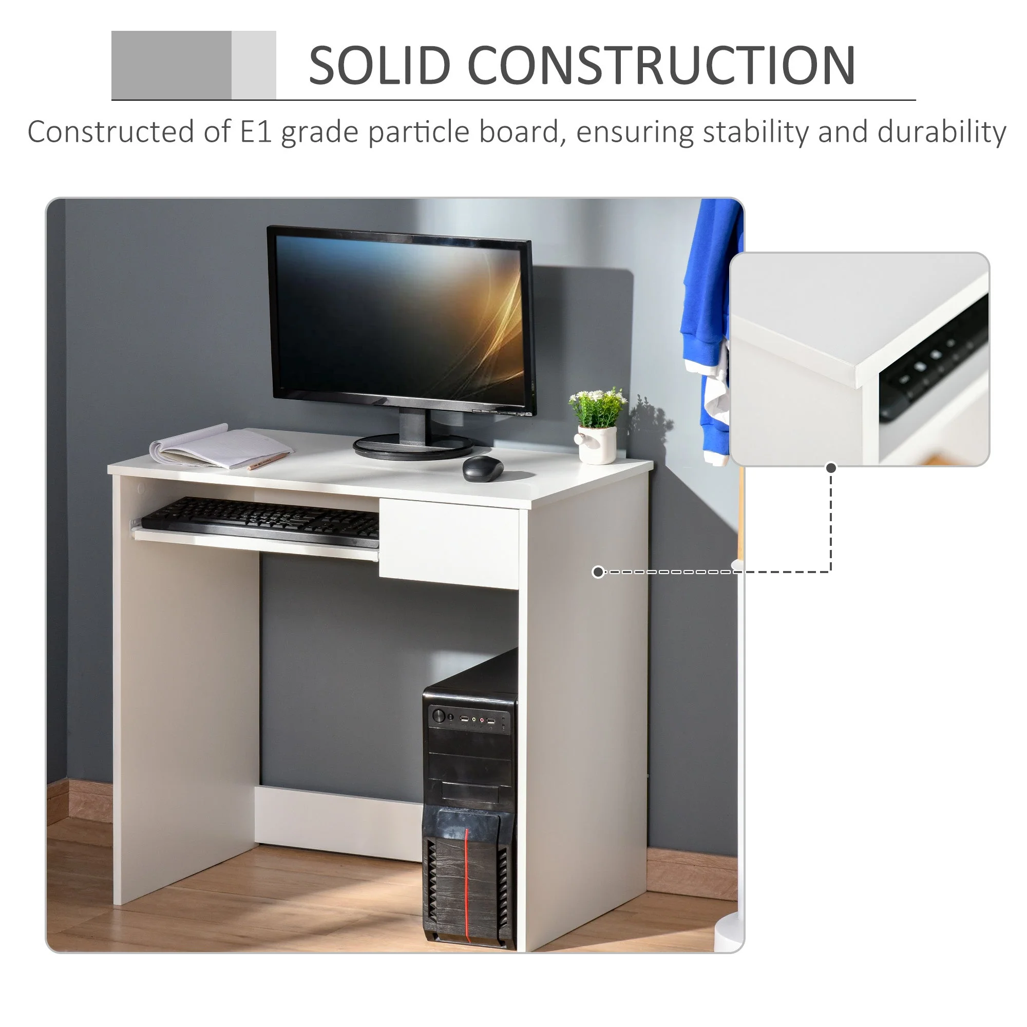 Homcom Compact Computer Table With Keyboard Tray Drawer Study Office Working Writing Desk White - Image 5