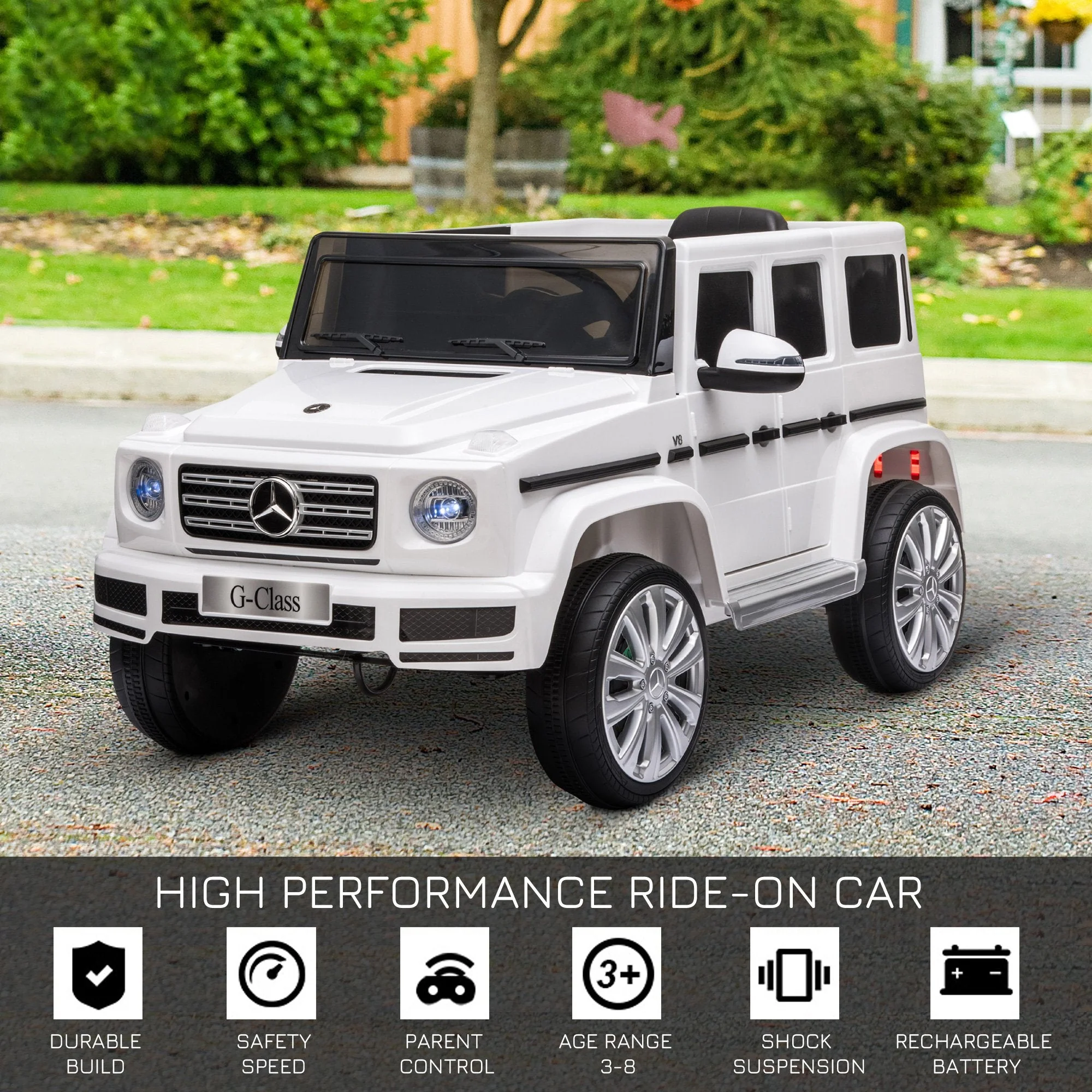 Homcom Compatible 12V Battery-powered 2 Motors Kids Electric Ride On Car Mercedes Benz G500 Toy with Parental Remote Control Music Lights MP3 Suspension Wheels for 3-8 Years Old White - Image 4
